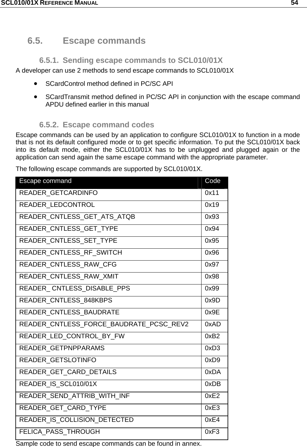 SCL010/01X REFERENCE MANUAL   54 6.5. Escape commands 6.5.1.  Sending escape commands to SCL010/01X A developer can use 2 methods to send escape commands to SCL010/01X  SCardControl method defined in PC/SC API  SCardTransmit method defined in PC/SC API in conjunction with the escape command APDU defined earlier in this manual 6.5.2.  Escape command codes Escape commands can be used by an application to configure SCL010/01X to function in a mode that is not its default configured mode or to get specific information. To put the SCL010/01X back into its default mode, either the SCL010/01X has to be unplugged and plugged again or the application can send again the same escape command with the appropriate parameter. The following escape commands are supported by SCL010/01X. Escape command  Code READER_GETCARDINFO 0x11 READER_LEDCONTROL 0x19 READER_CNTLESS_GET_ATS_ATQB 0x93 READER_CNTLESS_GET_TYPE 0x94 READER_CNTLESS_SET_TYPE 0x95 READER_CNTLESS_RF_SWITCH 0x96 READER_CNTLESS_RAW_CFG 0x97 READER_CNTLESS_RAW_XMIT 0x98 READER_ CNTLESS_DISABLE_PPS  0x99 READER_CNTLESS_848KBPS 0x9D READER_CNTLESS_BAUDRATE 0x9E READER_CNTLESS_FORCE_BAUDRATE_PCSC_REV2 0xAD READER_LED_CONTROL_BY_FW 0xB2 READER_GETPNPPARAMS 0xD3 READER_GETSLOTINFO 0xD9 READER_GET_CARD_DETAILS 0xDA READER_IS_SCL010/01X 0xDB READER_SEND_ATTRIB_WITH_INF 0xE2 READER_GET_CARD_TYPE   0xE3 READER_IS_COLLISION_DETECTED   0xE4 FELICA_PASS_THROUGH   0xF3 Sample code to send escape commands can be found in annex. 