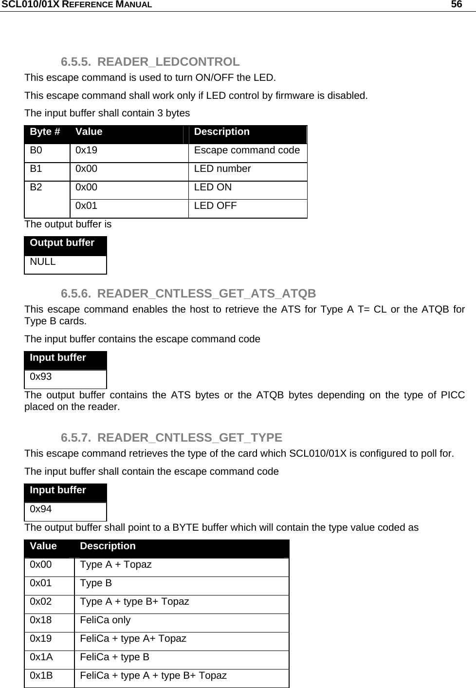 SCL010/01X REFERENCE MANUAL   56 6.5.5. READER_LEDCONTROL This escape command is used to turn ON/OFF the LED. This escape command shall work only if LED control by firmware is disabled. The input buffer shall contain 3 bytes  Byte #  Value  Description B0  0x19  Escape command code B1 0x00  LED number 0x00 LED ON B2 0x01 LED OFF The output buffer is Output buffer NULL 6.5.6. READER_CNTLESS_GET_ATS_ATQB This escape command enables the host to retrieve the ATS for Type A T= CL or the ATQB for Type B cards. The input buffer contains the escape command code Input buffer 0x93 The output buffer contains the ATS bytes or the ATQB bytes depending on the type of PICC placed on the reader. 6.5.7. READER_CNTLESS_GET_TYPE This escape command retrieves the type of the card which SCL010/01X is configured to poll for.  The input buffer shall contain the escape command code Input buffer 0x94 The output buffer shall point to a BYTE buffer which will contain the type value coded as Value  Description 0x00  Type A + Topaz 0x01 Type B 0x02  Type A + type B+ Topaz 0x18 FeliCa only 0x19  FeliCa + type A+ Topaz 0x1A  FeliCa + type B 0x1B  FeliCa + type A + type B+ Topaz  