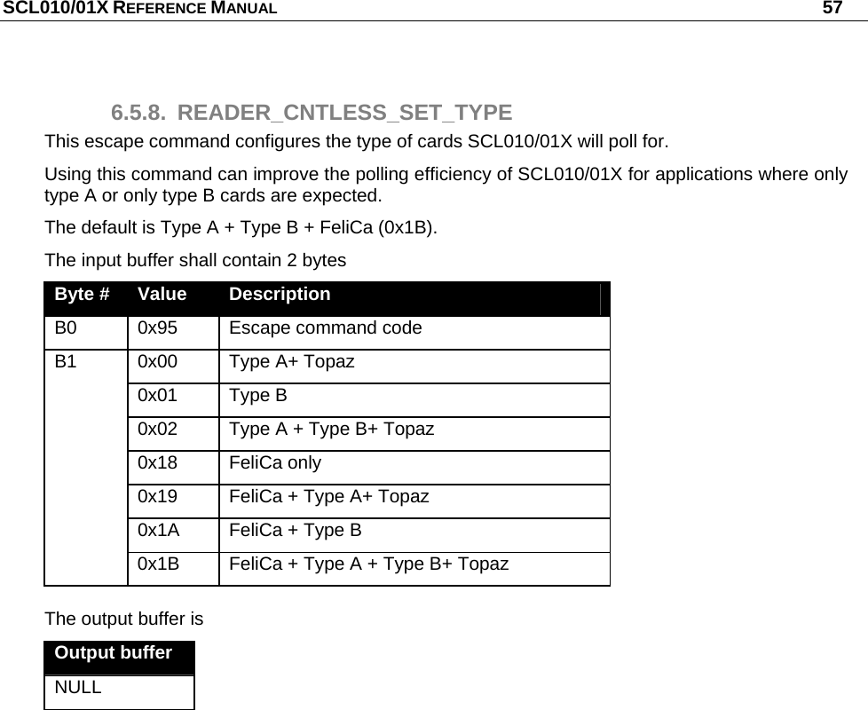 SCL010/01X REFERENCE MANUAL   57 6.5.8. READER_CNTLESS_SET_TYPE This escape command configures the type of cards SCL010/01X will poll for. Using this command can improve the polling efficiency of SCL010/01X for applications where only type A or only type B cards are expected. The default is Type A + Type B + FeliCa (0x1B). The input buffer shall contain 2 bytes Byte #  Value  Description B0  0x95  Escape command code  0x00  Type A+ Topaz 0x01 Type B 0x02  Type A + Type B+ Topaz 0x18 FeliCa only 0x19  FeliCa + Type A+ Topaz 0x1A  FeliCa + Type B B1 0x1B  FeliCa + Type A + Type B+ Topaz  The output buffer is Output buffer NULL 