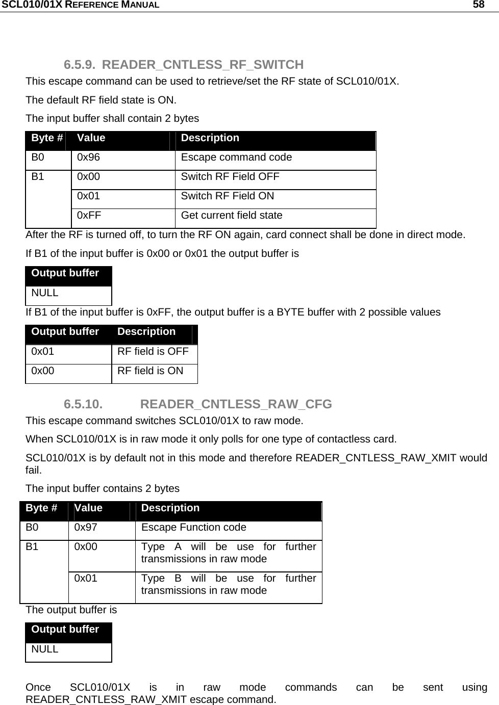 SCL010/01X REFERENCE MANUAL   58 6.5.9. READER_CNTLESS_RF_SWITCH This escape command can be used to retrieve/set the RF state of SCL010/01X. The default RF field state is ON. The input buffer shall contain 2 bytes Byte #  Value  Description B0  0x96  Escape command code 0x00  Switch RF Field OFF 0x01  Switch RF Field ON B1 0xFF  Get current field state After the RF is turned off, to turn the RF ON again, card connect shall be done in direct mode. If B1 of the input buffer is 0x00 or 0x01 the output buffer is  Output buffer NULL If B1 of the input buffer is 0xFF, the output buffer is a BYTE buffer with 2 possible values Output buffer  Description 0x01  RF field is OFF 0x00  RF field is ON 6.5.10. READER_CNTLESS_RAW_CFG This escape command switches SCL010/01X to raw mode.  When SCL010/01X is in raw mode it only polls for one type of contactless card. SCL010/01X is by default not in this mode and therefore READER_CNTLESS_RAW_XMIT would fail. The input buffer contains 2 bytes Byte #  Value  Description B0  0x97  Escape Function code 0x00  Type A will be use for further transmissions in raw mode B1 0x01  Type B will be use for further transmissions in raw mode The output buffer is Output buffer NULL  Once SCL010/01X is in raw mode commands can be sent using READER_CNTLESS_RAW_XMIT escape command. 