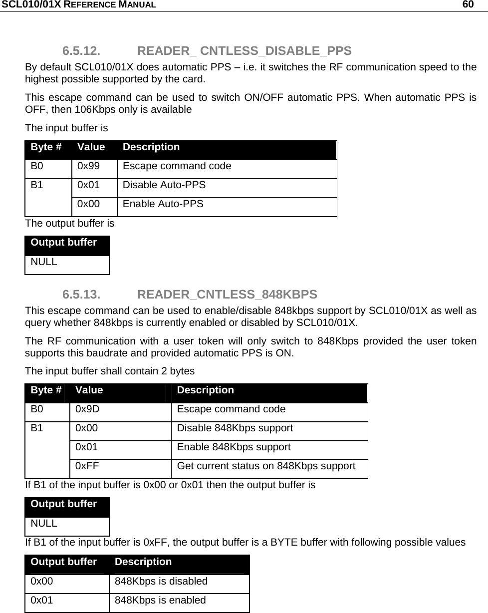 SCL010/01X REFERENCE MANUAL   60 6.5.12. READER_ CNTLESS_DISABLE_PPS By default SCL010/01X does automatic PPS – i.e. it switches the RF communication speed to the highest possible supported by the card. This escape command can be used to switch ON/OFF automatic PPS. When automatic PPS is OFF, then 106Kbps only is available The input buffer is Byte #  Value  Description B0  0x99  Escape command code 0x01 Disable Auto-PPS B1 0x00 Enable Auto-PPS The output buffer is Output buffer NULL 6.5.13. READER_CNTLESS_848KBPS This escape command can be used to enable/disable 848kbps support by SCL010/01X as well as query whether 848kbps is currently enabled or disabled by SCL010/01X.  The RF communication with a user token will only switch to 848Kbps provided the user token supports this baudrate and provided automatic PPS is ON. The input buffer shall contain 2 bytes Byte #  Value  Description B0  0x9D  Escape command code 0x00 Disable 848Kbps support 0x01 Enable 848Kbps support B1 0xFF  Get current status on 848Kbps support If B1 of the input buffer is 0x00 or 0x01 then the output buffer is Output buffer NULL If B1 of the input buffer is 0xFF, the output buffer is a BYTE buffer with following possible values Output buffer  Description 0x00  848Kbps is disabled 0x01  848Kbps is enabled 