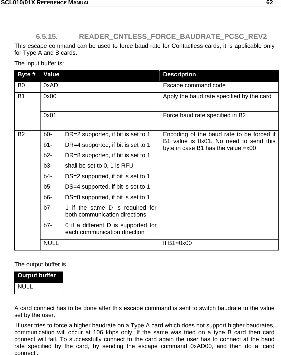 SCL010/01X REFERENCE MANUAL   62 6.5.15. READER_CNTLESS_FORCE_BAUDRATE_PCSC_REV2 This escape command can be used to force baud rate for Contactless cards, it is applicable only for Type A and B cards. The input buffer is: Byte #  Value  Description B0  0xAD  Escape command code 0x00  Apply the baud rate specified by the card B1 0x01  Force baud rate specified in B2 b0-   DR=2 supported, if bit is set to 1 b1-   DR=4 supported, if bit is set to 1 b2-  DR=8 supported, if bit is set to 1 b3-  shall be set to 0, 1 is RFU b4-  DS=2 supported, if bit is set to 1 b5-  DS=4 supported, if bit is set to 1 b6-  DS=8 supported, if bit is set to 1 b7-  1 if the same D is required for both communication directions b7-  0 if a different D is supported for each communication direction Encoding of the baud rate to be forced if B1 value is 0x01. No need to send this byte in case B1 has the value =x00 B2 NULL If B1=0x00  The output buffer is Output buffer NULL  A card connect has to be done after this escape command is sent to switch baudrate to the value set by the user.  If user tries to force a higher baudrate on a Type A card which does not support higher baudrates, communication will occur at 106 kbps only. If the same was tried on a type B card then card connect will fail. To successfully connect to the card again the user has to connect at the baud rate specified by the card, by sending the escape command 0xAD00, and then do a ‘card connect’. 