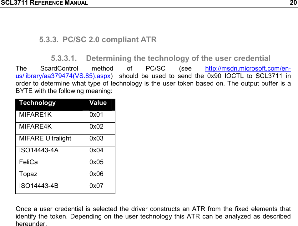 SCL3711 REFERENCE MANUAL    20 5.3.3.  PC/SC 2.0 compliant ATR 5.3.3.1.  Determining the technology of the user credential The  ScardControl  method  of  PC/SC  (see  http://msdn.microsoft.com/en-us/library/aa379474(VS.85).aspx)    should  be  used  to  send  the  0x90  IOCTL  to  SCL3711  in order to determine what type of technology is the user token based on. The output buffer is a BYTE with the following meaning: Technology  Value MIFARE1K  0x01 MIFARE4K  0x02 MIFARE Ultralight  0x03 ISO14443-4A  0x04 FeliCa  0x05 Topaz  0x06 ISO14443-4B  0x07  Once a  user credential  is  selected the driver  constructs  an ATR  from the  fixed  elements  that identify the token. Depending on the user technology this ATR can be analyzed as described hereunder. 