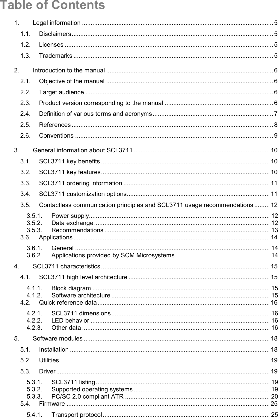  Table of Contents 1. Legal information ............................................................................................................... 5 1.1. Disclaimers..................................................................................................................... 5 1.2. Licenses ......................................................................................................................... 5 1.3. Trademarks .................................................................................................................... 5 2. Introduction to the manual ................................................................................................. 6 2.1. Objective of the manual ................................................................................................. 6 2.2. Target audience .............................................................................................................6 2.3. Product version corresponding to the manual ............................................................... 6 2.4. Definition of various terms and acronyms......................................................................7 2.5. References ..................................................................................................................... 8 2.6. Conventions ................................................................................................................... 9 3. General information about SCL3711 ...............................................................................10 3.1. SCL3711 key benefits ..................................................................................................10 3.2. SCL3711 key features.................................................................................................. 10 3.3. SCL3711 ordering information ..................................................................................... 11 3.4. SCL3711 customization options................................................................................... 11 3.5. Contactless communication principles and SCL3711 usage recommendations .........12 3.5.1. Power supply......................................................................................................... 12 3.5.2. Data exchange ...................................................................................................... 12 3.5.3. Recommendations ................................................................................................ 13 3.6. Applications .................................................................................................................. 14 3.6.1. General ................................................................................................................. 14 3.6.2. Applications provided by SCM Microsystems....................................................... 14 4. SCL3711 characteristics..................................................................................................15 4.1. SCL3711 high level architecture .................................................................................. 15 4.1.1. Block diagram ....................................................................................................... 15 4.1.2. Software architecture ............................................................................................ 15 4.2. Quick reference data....................................................................................................16 4.2.1. SCL3711 dimensions............................................................................................ 16 4.2.2. LED behavior ........................................................................................................ 16 4.2.3. Other data ............................................................................................................. 16 5. Software modules ............................................................................................................18 5.1. Installation .................................................................................................................... 18 5.2. Utilities.......................................................................................................................... 19 5.3. Driver............................................................................................................................ 19 5.3.1. SCL3711 listing ..................................................................................................... 19 5.3.2. Supported operating systems ............................................................................... 19 5.3.3. PC/SC 2.0 compliant ATR .................................................................................... 20 5.4. Firmware ...................................................................................................................... 25 5.4.1. Transport protocol ................................................................................................. 25 