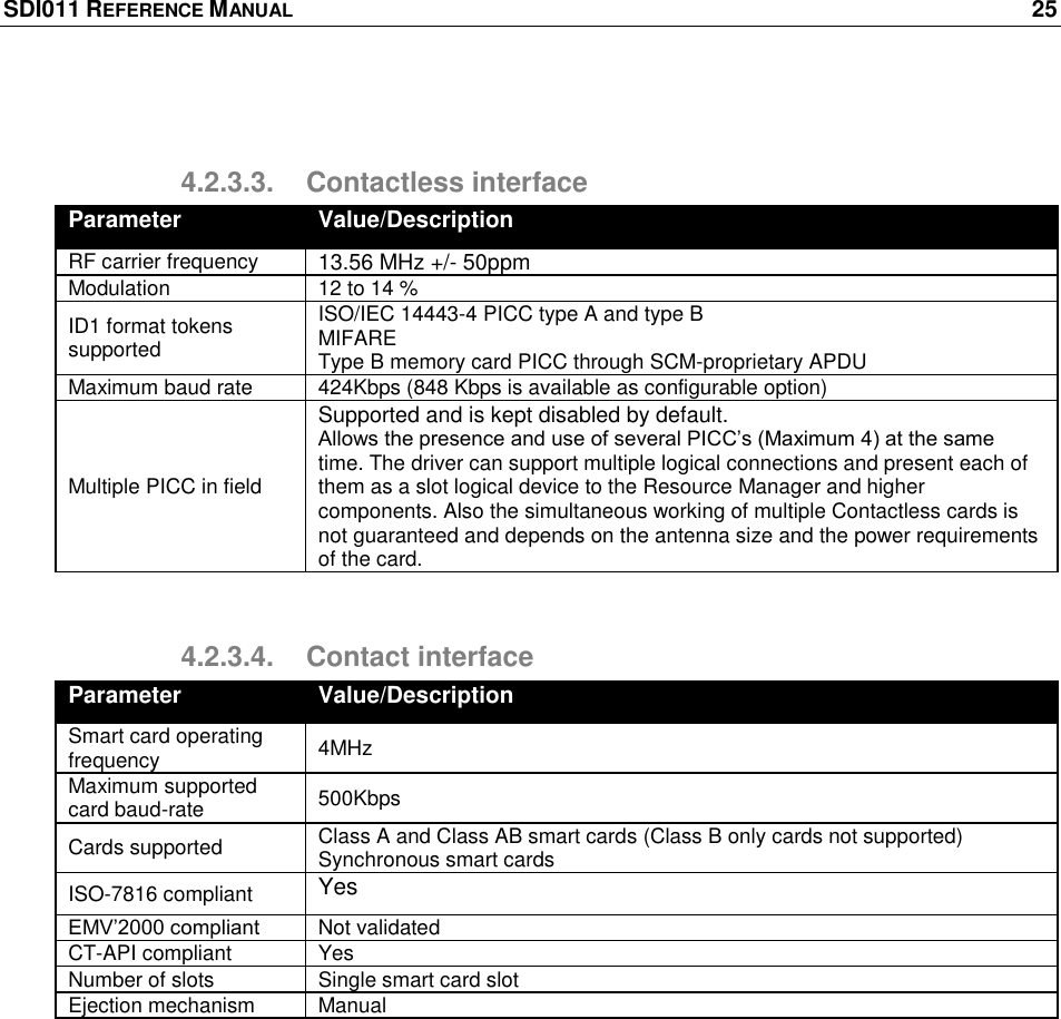 SDI011 REFERENCE MANUAL    25   4.2.3.3.  Contactless interface Parameter Value/Description RF carrier frequency  13.56 MHz +/- 50ppm Modulation  12 to 14 % ID1 format tokens supported ISO/IEC 14443-4 PICC type A and type B MIFARE Type B memory card PICC through SCM-proprietary APDU Maximum baud rate 424Kbps (848 Kbps is available as configurable option) Multiple PICC in field Supported and is kept disabled by default. Allows the presence and use of several PICC‘s (Maximum 4) at the same time. The driver can support multiple logical connections and present each of them as a slot logical device to the Resource Manager and higher components. Also the simultaneous working of multiple Contactless cards is not guaranteed and depends on the antenna size and the power requirements of the card.  4.2.3.4.  Contact interface Parameter Value/Description Smart card operating frequency 4MHz Maximum supported card baud-rate 500Kbps Cards supported Class A and Class AB smart cards (Class B only cards not supported) Synchronous smart cards ISO-7816 compliant Yes EMV‘2000 compliant Not validated CT-API compliant Yes Number of slots Single smart card slot Ejection mechanism Manual  