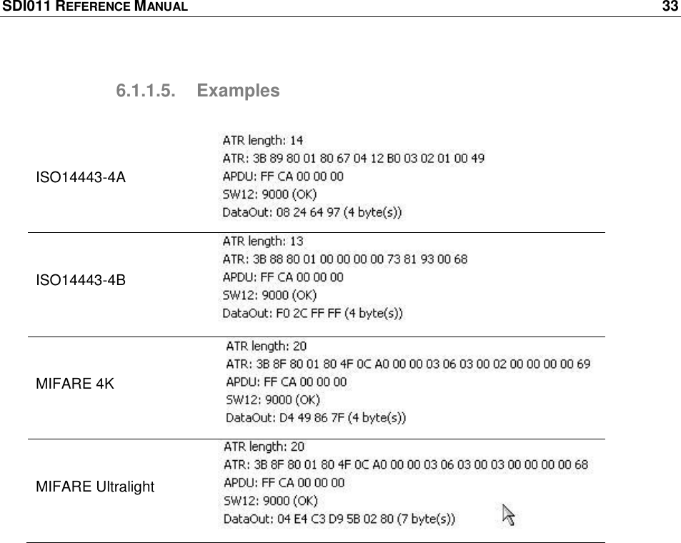 SDI011 REFERENCE MANUAL    33  6.1.1.5.  Examples  ISO14443-4A  ISO14443-4B  MIFARE 4K  MIFARE Ultralight   