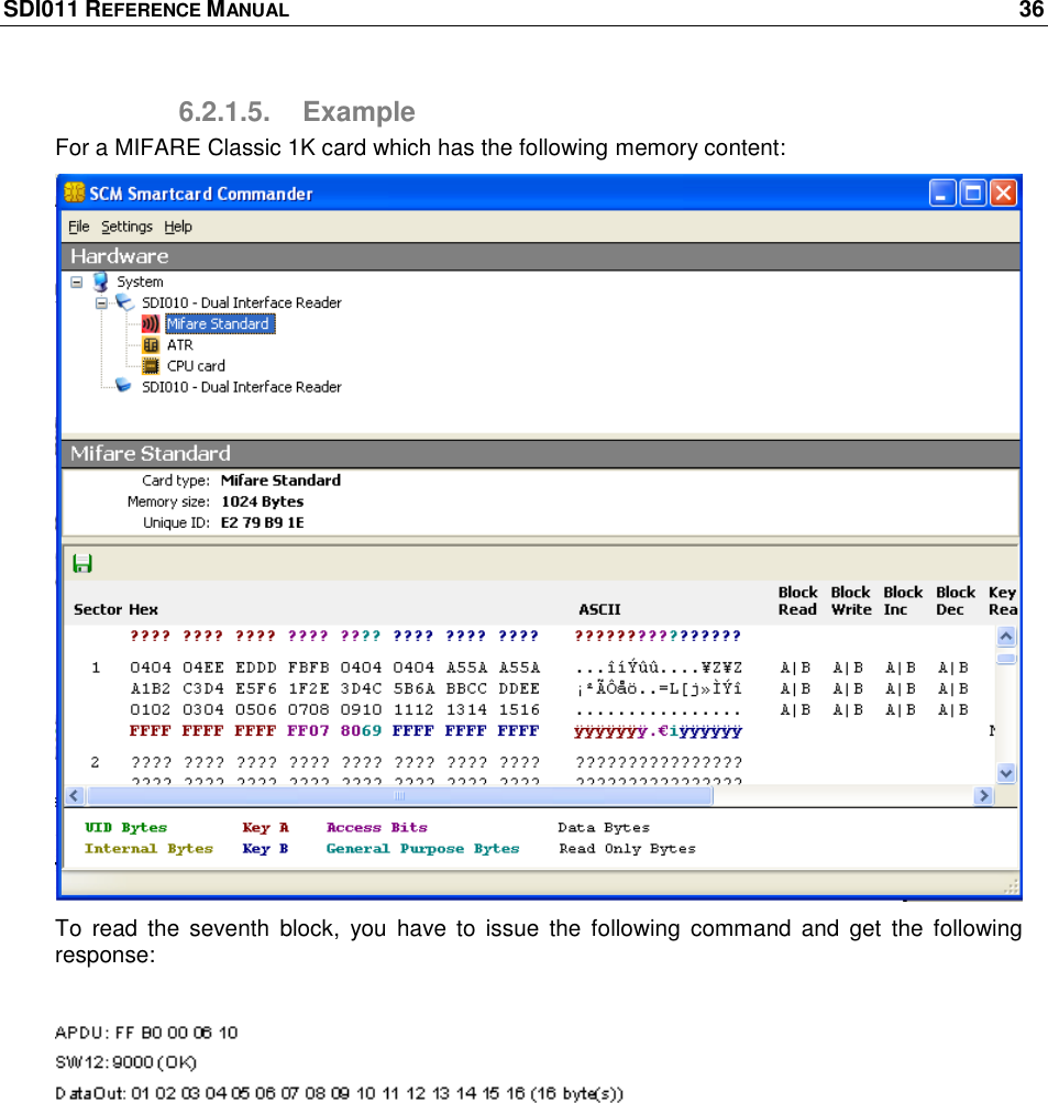 SDI011 REFERENCE MANUAL    36  6.2.1.5.  Example For a MIFARE Classic 1K card which has the following memory content:  To  read  the  seventh  block,  you  have  to  issue  the following  command  and get  the  following response:   