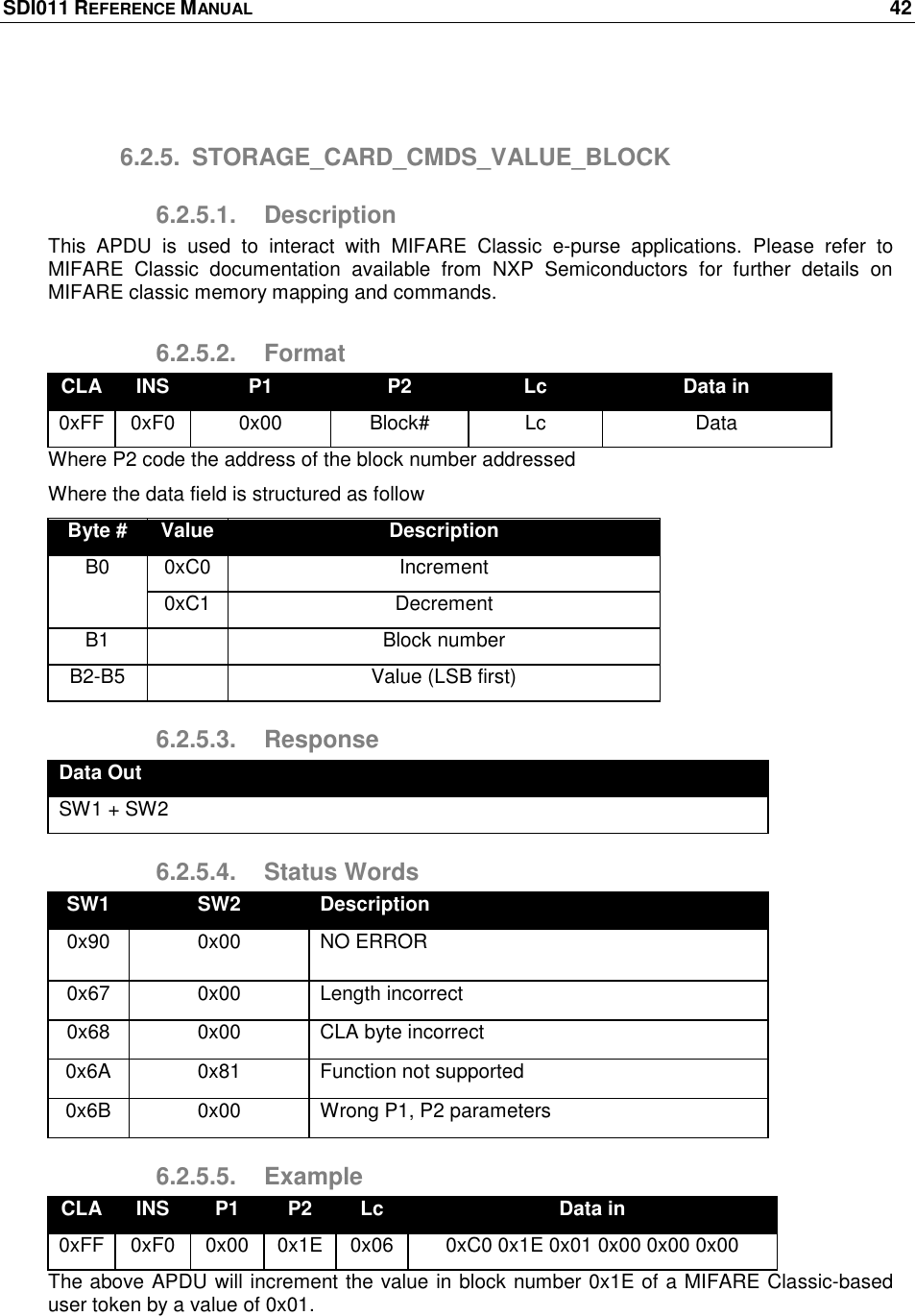 SDI011 REFERENCE MANUAL    42   6.2.5.  STORAGE_CARD_CMDS_VALUE_BLOCK 6.2.5.1.  Description This  APDU  is  used  to  interact  with  MIFARE  Classic  e-purse  applications.  Please  refer  to MIFARE  Classic  documentation  available  from  NXP  Semiconductors  for  further  details  on MIFARE classic memory mapping and commands. 6.2.5.2.  Format CLA INS P1 P2 Lc Data in 0xFF 0xF0 0x00 Block# Lc Data Where P2 code the address of the block number addressed Where the data field is structured as follow Byte # Value Description B0 0xC0 Increment 0xC1 Decrement B1  Block number  B2-B5  Value (LSB first) 6.2.5.3.  Response Data Out SW1 + SW2 6.2.5.4.  Status Words SW1 SW2 Description 0x90 0x00 NO ERROR 0x67 0x00 Length incorrect 0x68 0x00 CLA byte incorrect 0x6A 0x81 Function not supported 0x6B 0x00 Wrong P1, P2 parameters 6.2.5.5.  Example CLA INS P1 P2 Lc Data in 0xFF 0xF0 0x00 0x1E 0x06 0xC0 0x1E 0x01 0x00 0x00 0x00 The above APDU will increment the value in block number 0x1E of a MIFARE Classic-based user token by a value of 0x01. 