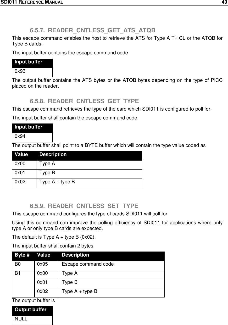 SDI011 REFERENCE MANUAL    49  6.5.7.  READER_CNTLESS_GET_ATS_ATQB This escape command enables the host to retrieve the ATS for Type A T= CL or the ATQB for Type B cards. The input buffer contains the escape command code Input buffer 0x93 The output buffer contains the ATS bytes or the ATQB bytes depending on the type of PICC placed on the reader. 6.5.8.  READER_CNTLESS_GET_TYPE This escape command retrieves the type of the card which SDI011 is configured to poll for.  The input buffer shall contain the escape command code Input buffer 0x94 The output buffer shall point to a BYTE buffer which will contain the type value coded as Value Description 0x00 Type A 0x01 Type B 0x02 Type A + type B  6.5.9.  READER_CNTLESS_SET_TYPE This escape command configures the type of cards SDI011 will poll for. Using this command can improve the polling efficiency of SDI011 for applications where only type A or only type B cards are expected. The default is Type A + type B (0x02). The input buffer shall contain 2 bytes Byte # Value Description B0 0x95 Escape command code  B1 0x00 Type A 0x01 Type B 0x02 Type A + type B The output buffer is Output buffer NULL 