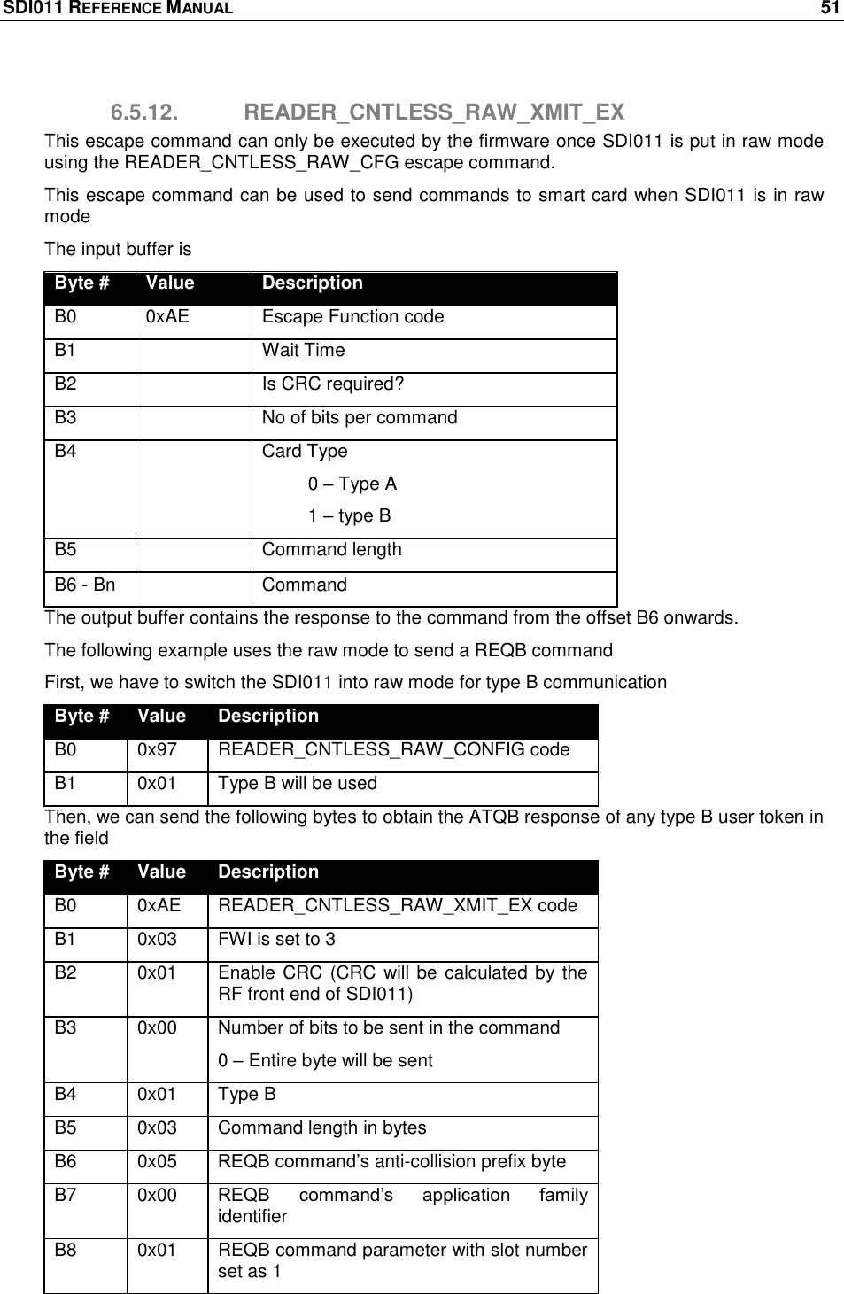 SDI011 REFERENCE MANUAL    51  6.5.12.  READER_CNTLESS_RAW_XMIT_EX This escape command can only be executed by the firmware once SDI011 is put in raw mode using the READER_CNTLESS_RAW_CFG escape command. This escape command can be used to send commands to smart card when SDI011 is in raw mode The input buffer is Byte # Value Description B0 0xAE Escape Function code B1  Wait Time  B2  Is CRC required? B3  No of bits per command B4  Card Type           0 – Type A          1 – type B B5  Command length B6 - Bn  Command The output buffer contains the response to the command from the offset B6 onwards. The following example uses the raw mode to send a REQB command First, we have to switch the SDI011 into raw mode for type B communication Byte # Value Description B0 0x97 READER_CNTLESS_RAW_CONFIG code B1 0x01 Type B will be used Then, we can send the following bytes to obtain the ATQB response of any type B user token in the field Byte # Value Description B0 0xAE READER_CNTLESS_RAW_XMIT_EX code B1 0x03 FWI is set to 3 B2 0x01 Enable CRC  (CRC  will be calculated by the RF front end of SDI011) B3 0x00 Number of bits to be sent in the command 0 – Entire byte will be sent B4 0x01 Type B B5 0x03 Command length in bytes B6 0x05 REQB command‘s anti-collision prefix byte B7 0x00 REQB  command‘s  application  family identifier B8 0x01 REQB command parameter with slot number set as 1  