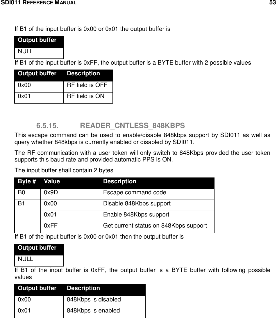 SDI011 REFERENCE MANUAL    53  If B1 of the input buffer is 0x00 or 0x01 the output buffer is  Output buffer NULL If B1 of the input buffer is 0xFF, the output buffer is a BYTE buffer with 2 possible values Output buffer Description 0x00 RF field is OFF 0x01 RF field is ON  6.5.15.  READER_CNTLESS_848KBPS This escape command can be used to enable/disable 848kbps support by SDI011 as well as query whether 848kbps is currently enabled or disabled by SDI011.  The RF communication with a user token will only switch to 848Kbps provided the user token supports this baud rate and provided automatic PPS is ON. The input buffer shall contain 2 bytes Byte # Value Description B0 0x9D Escape command code B1 0x00 Disable 848Kbps support 0x01 Enable 848Kbps support 0xFF Get current status on 848Kbps support If B1 of the input buffer is 0x00 or 0x01 then the output buffer is Output buffer NULL If  B1  of  the  input  buffer  is  0xFF,  the  output  buffer  is  a  BYTE  buffer  with  following  possible values Output buffer Description 0x00 848Kbps is disabled 0x01 848Kbps is enabled 