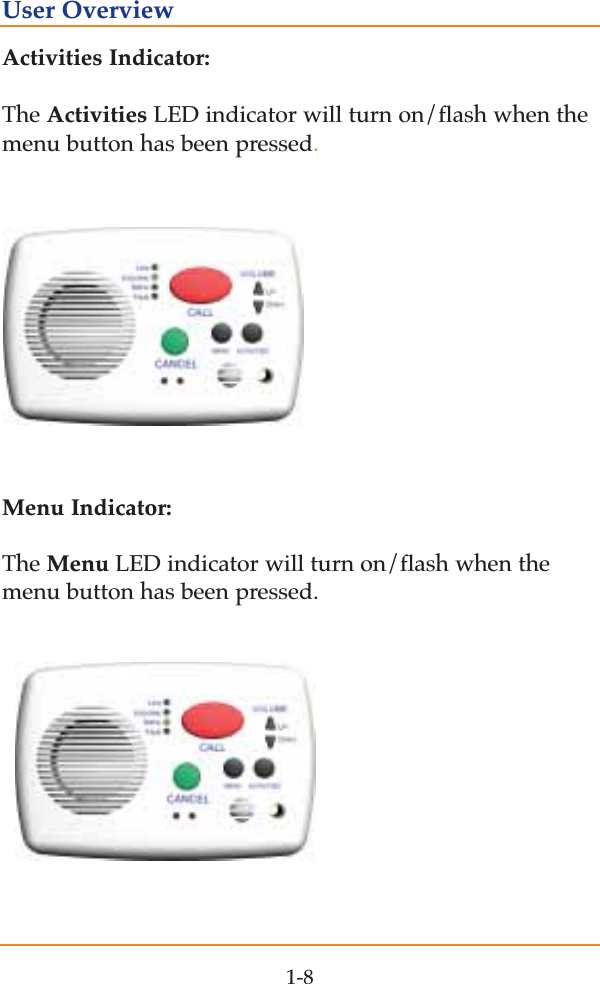 Activities Indicator:The Activities LED indicator will turn on/flash when themenu button has been pressed. Menu Indicator:The Menu LED indicator will turn on/flash when themenu button has been pressed. 1-8User Overview