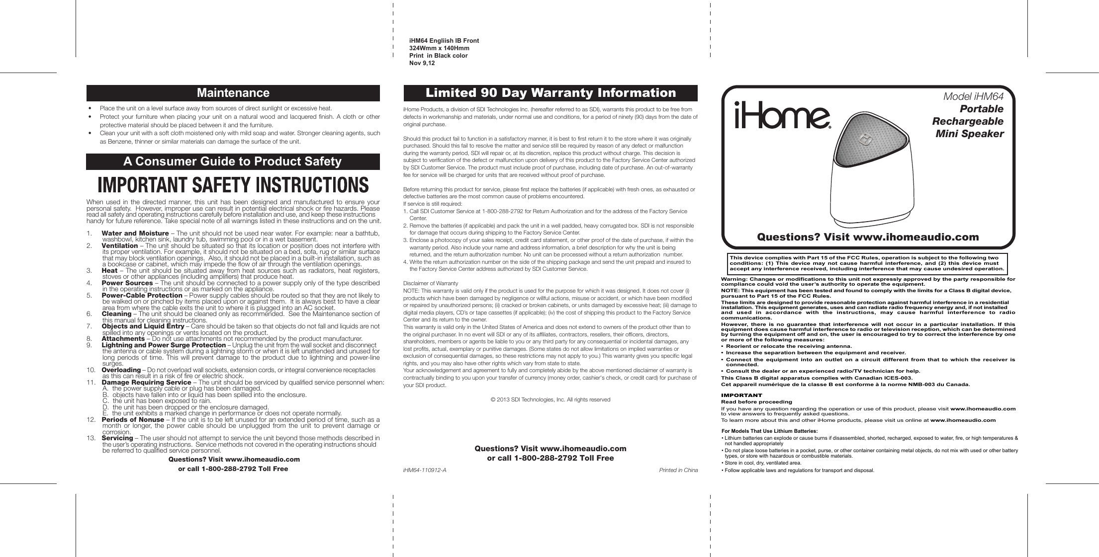 Page 1 of 2 - Ihome Ihome-Hm64-Users-Manual- IHM64 IB 110912 Ihome-hm64-users-manual