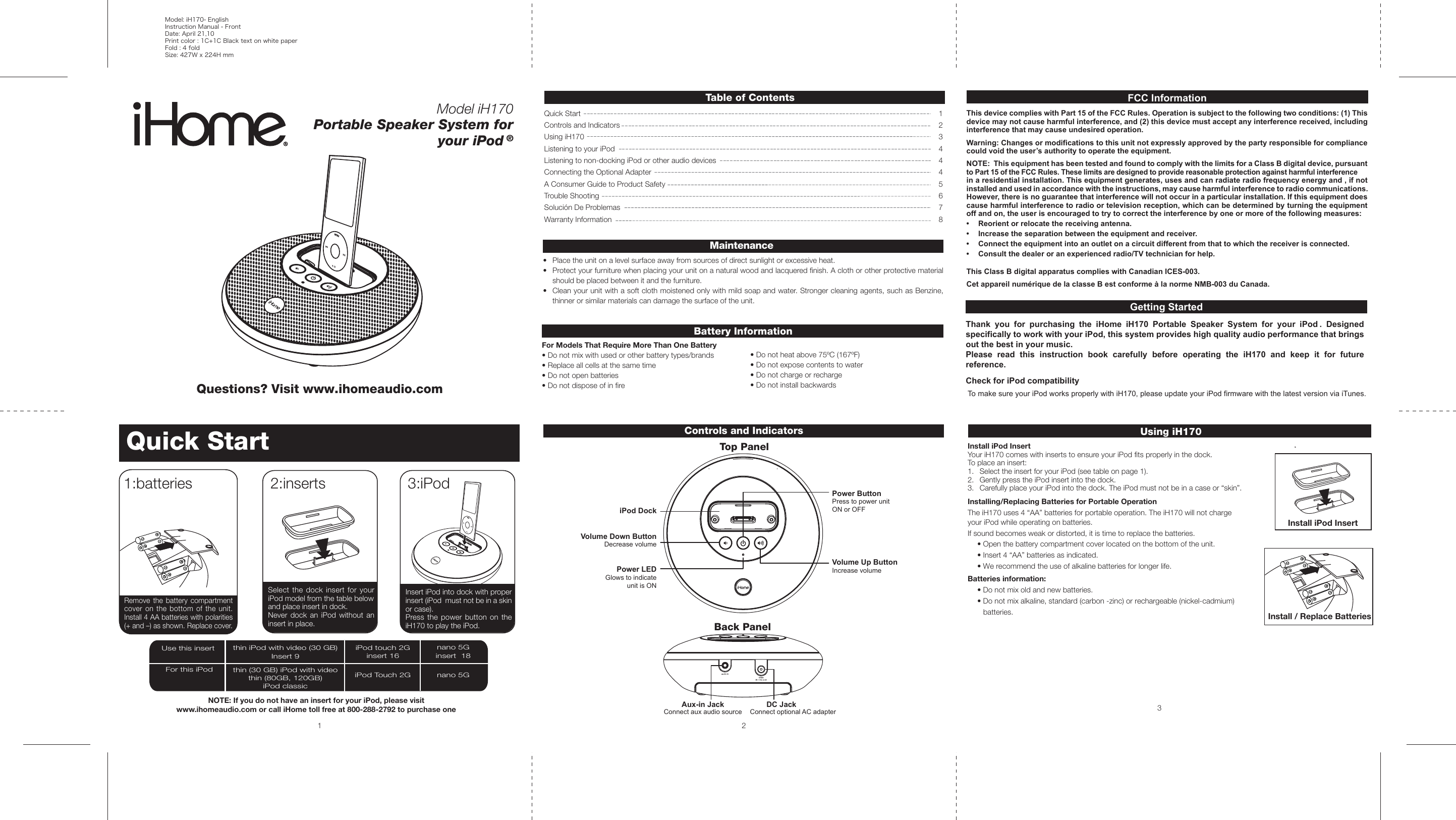 Page 1 of 2 - Ihome Ihome-Ih170-Users-Manual- IH170Eng IB 042110a  Ihome-ih170-users-manual