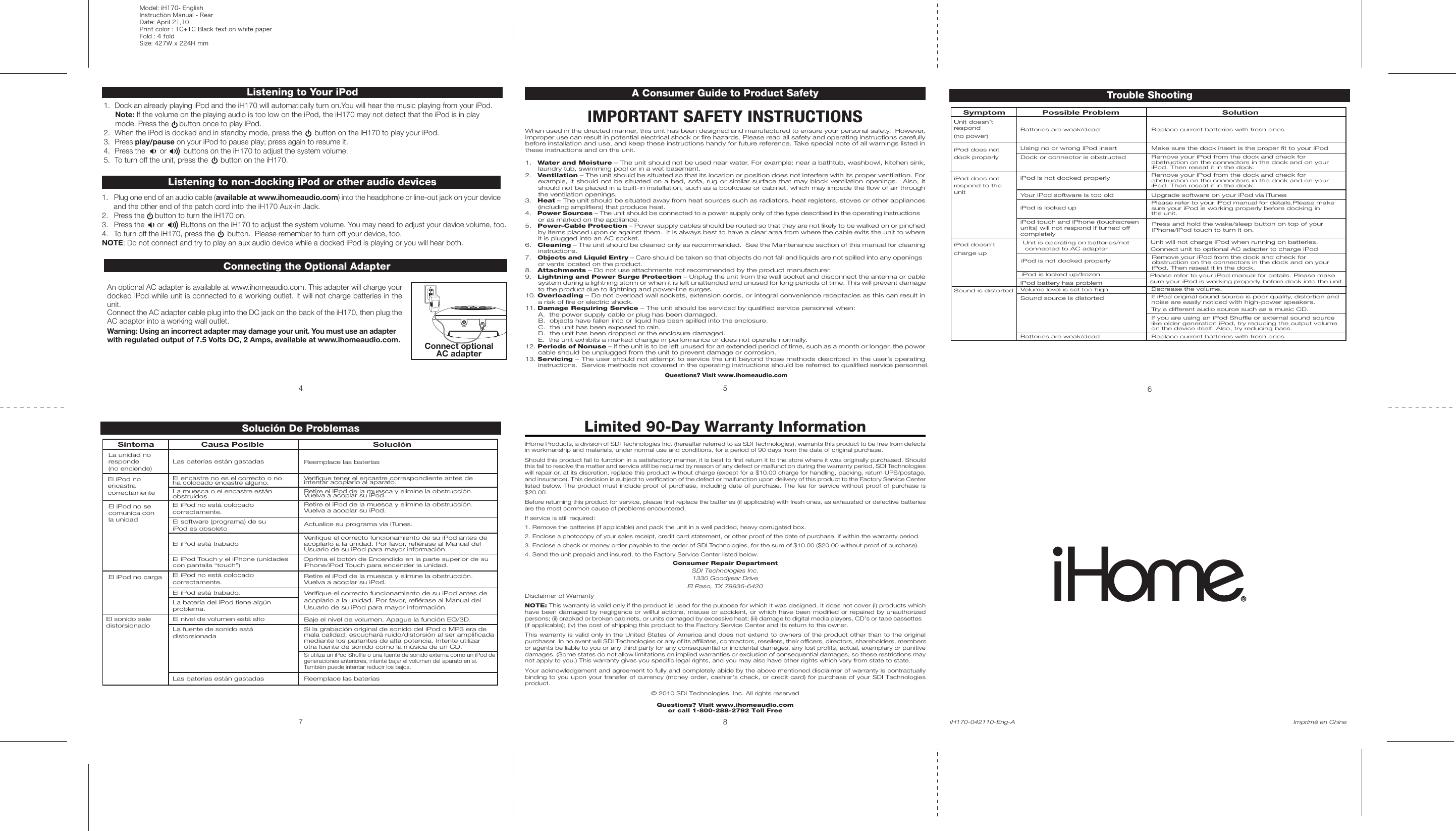 Page 2 of 2 - Ihome Ihome-Ih170-Users-Manual- IH170Eng IB 042110a  Ihome-ih170-users-manual