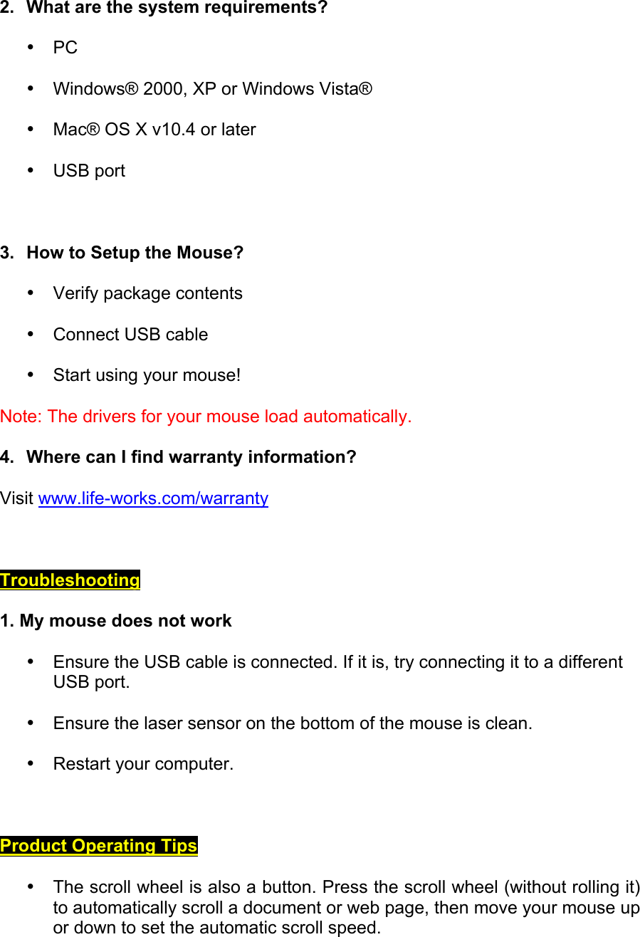 Page 2 of 3 - Ihome Ihome-Ih-M120Lb-Users-Manual- 3-button Laser Mouse  #IH-M120LB IH-M121LW Ihome-ih-m120lb-users-manual