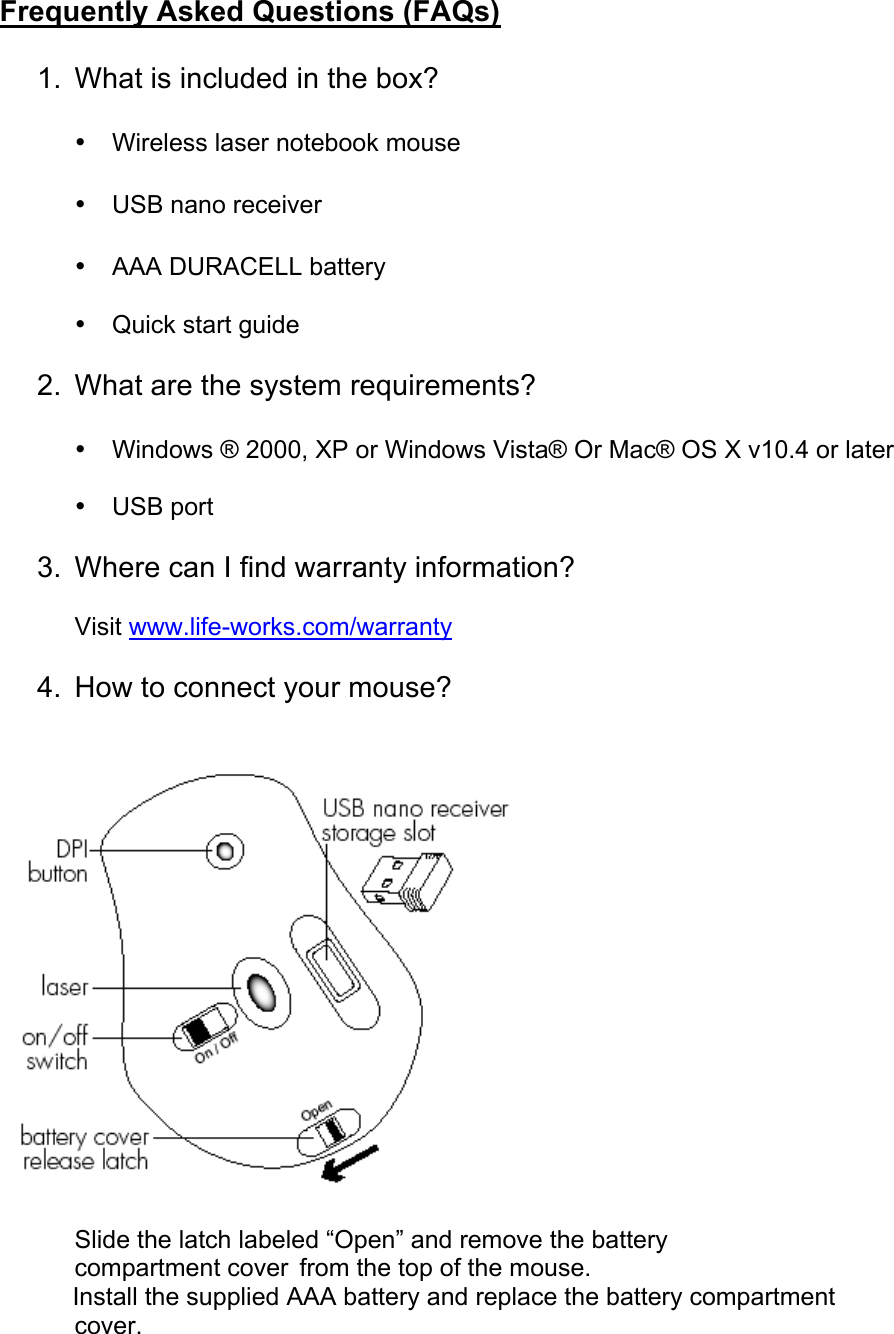 Page 2 of 4 - Ihome Ihome-Ih-M170Zr-Users-Manual- Wireless Laser Notebook Mice IH-M170ZR, IH-M171ZN, IH-M173ZP, IH-M174ZW  Ihome-ih-m170zr-users-manual