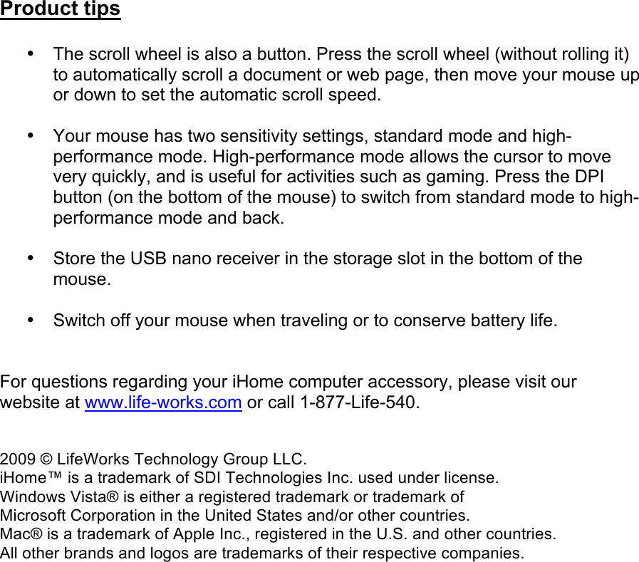 Page 4 of 4 - Ihome Ihome-Ih-M170Zr-Users-Manual- Wireless Laser Notebook Mice IH-M170ZR, IH-M171ZN, IH-M173ZP, IH-M174ZW  Ihome-ih-m170zr-users-manual