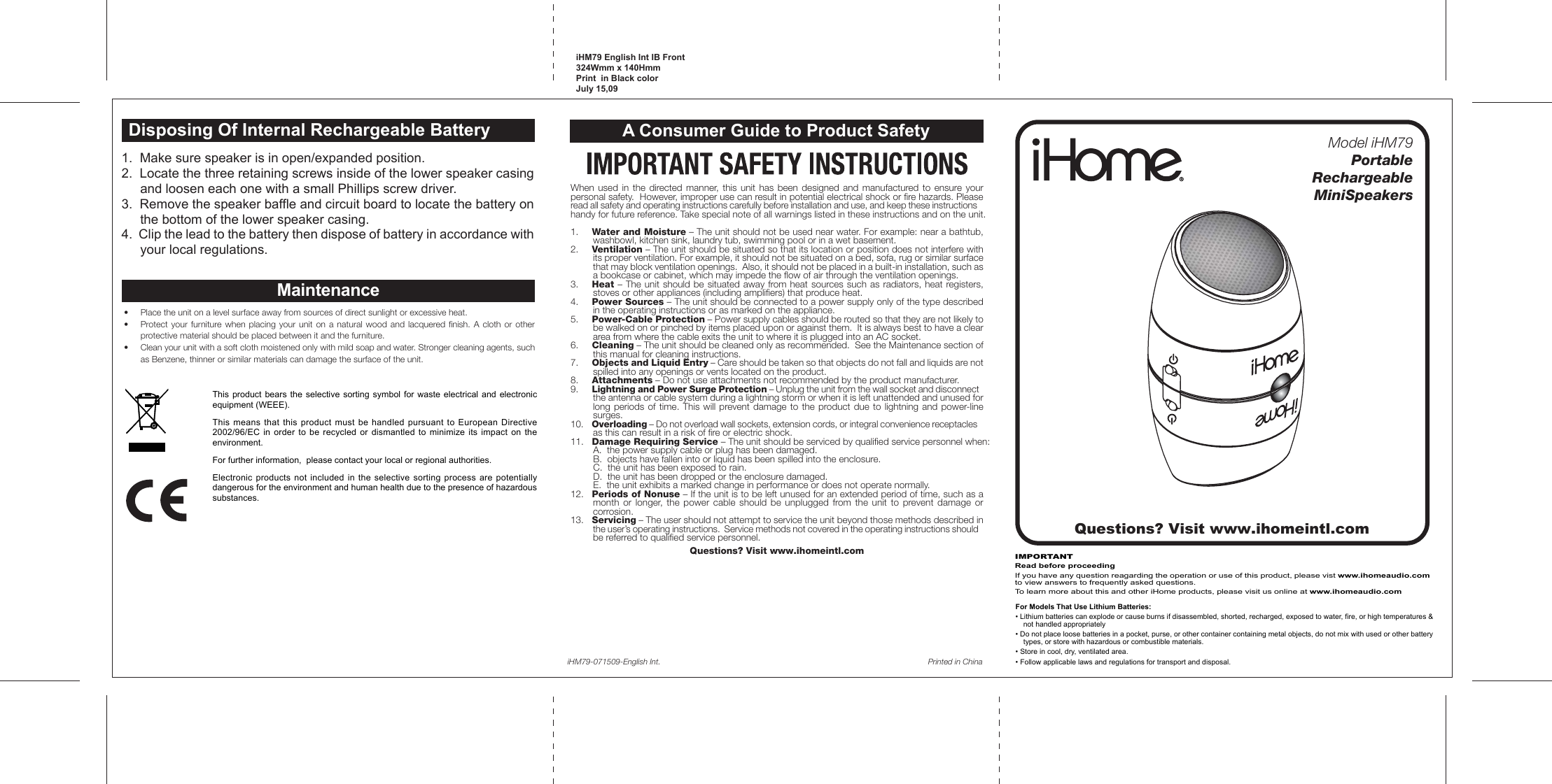 Page 1 of 2 - Ihome Ihome-Ihm79-Users-Manual- IHM79 Eng Int IB 071509  Ihome-ihm79-users-manual