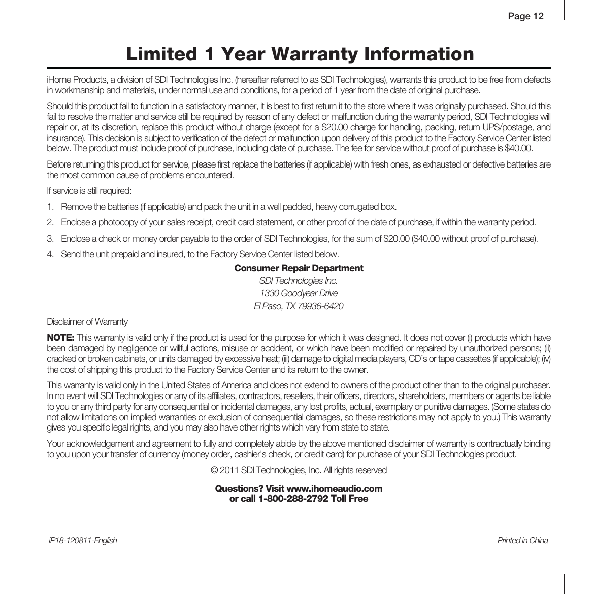 Page 12 of 12 - Ihome Ihome-Ip18-Users-Manual-  Ihome-ip18-users-manual