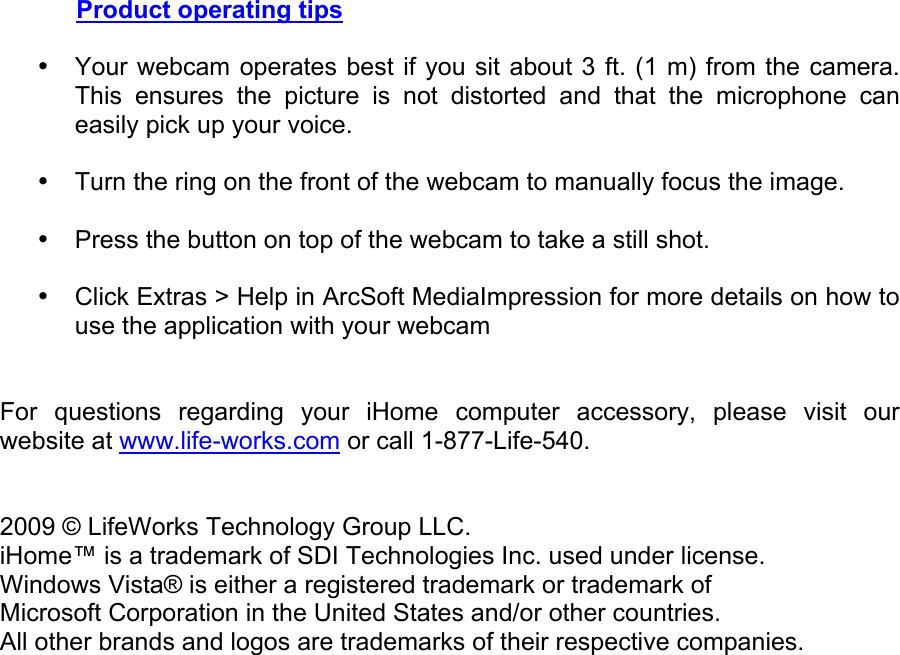 Page 7 of 7 - Ihome Ihome-Mylife-Ih-W310Ns-Users-Manual- MyLife Notebook Webcam 5.0 Megapixal  Ihome-mylife-ih-w310ns-users-manual
