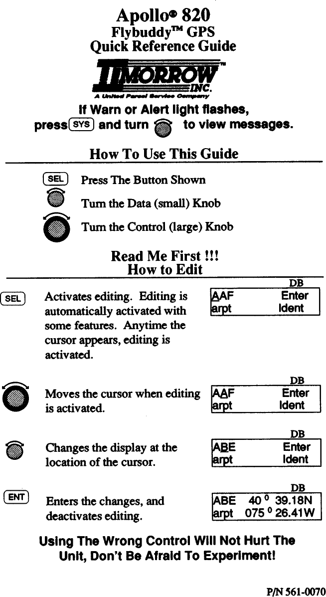 Page 1 of 4 - Ii-Morrow-Inc Ii-Morrow-Inc-Apollo-820-Flybuddy-Gps-820-Users-Manual- Apollo 820 Quick Reference Guide 561-0070  Ii-morrow-inc-apollo-820-flybuddy-gps-820-users-manual