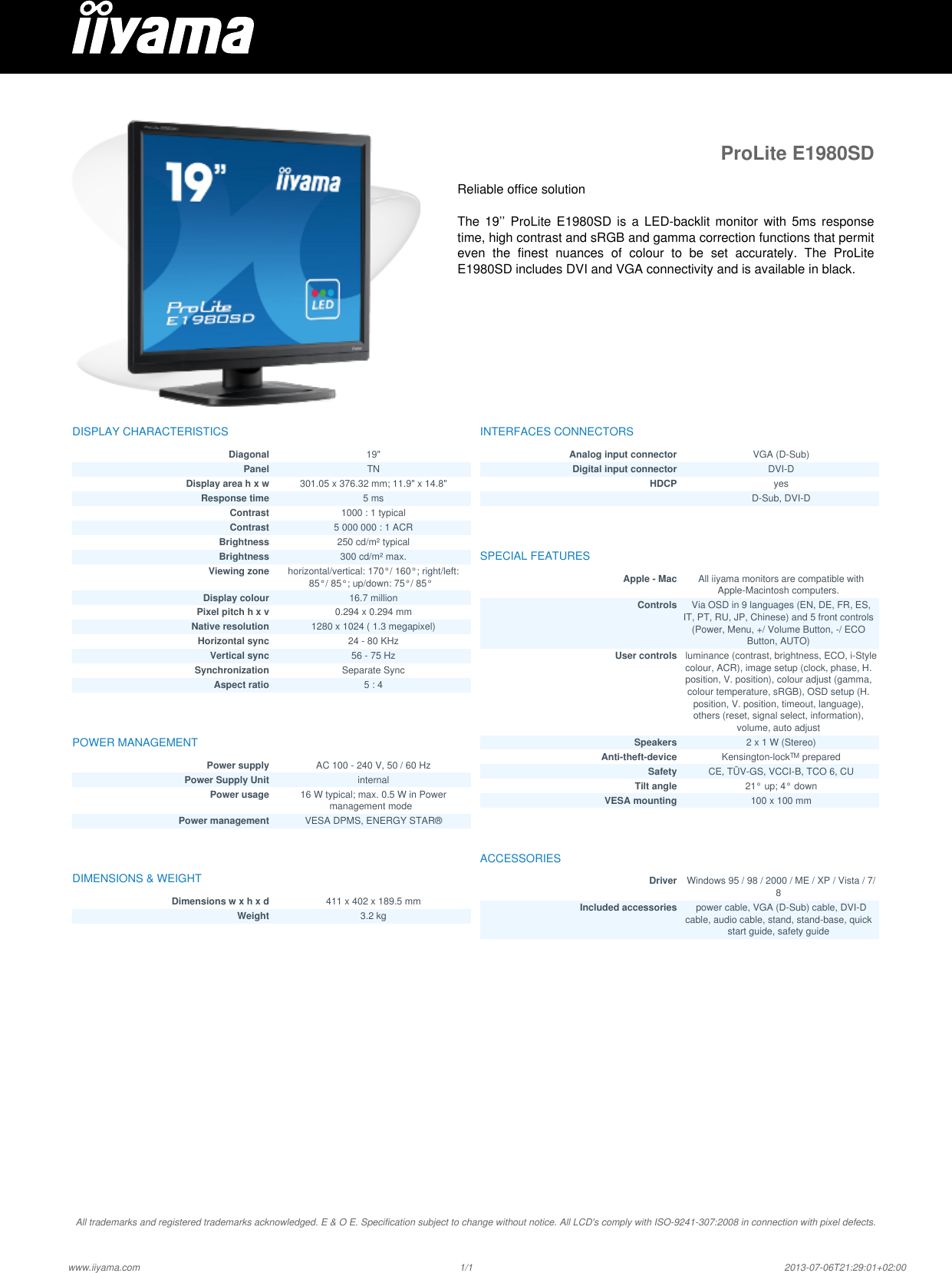 Page 1 of 1 - Iiyama Iiyama-Prolite-E1980Sd-1-19-Quick-Start-Guide Specification