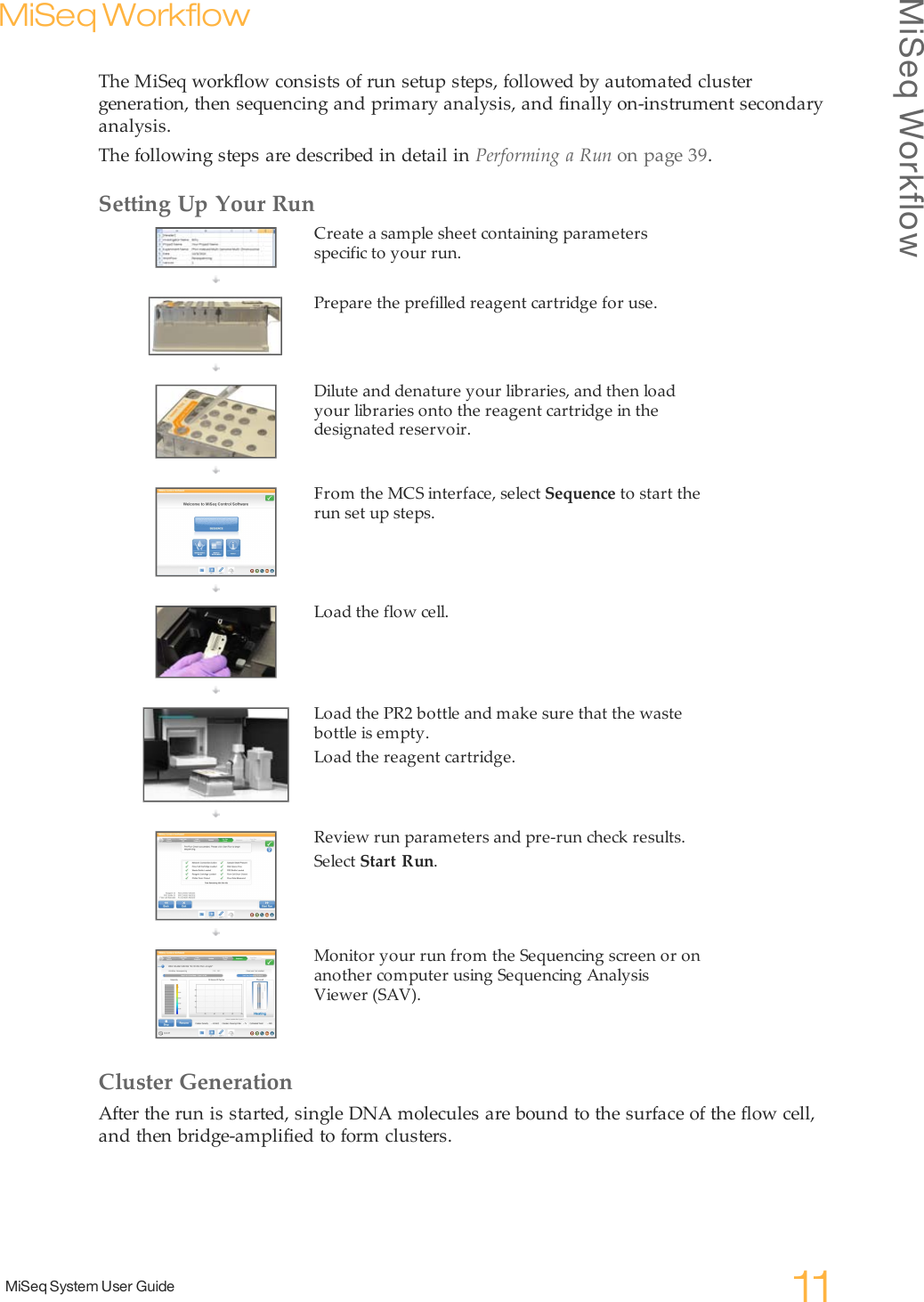 MiSeq WorkflowMiSeq System User Guide 11MiSeq WorkflowThe MiSeq workflow consists of run setup steps, followed by automated clustergeneration, then sequencing and primary analysis, and finally on-instrument secondaryanalysis.The following steps are described in detail in Performing a Run on page 39.Setting Up Your RunCreate a sample sheet containing parametersspecific to your run.Prepare the prefilled reagent cartridge for use.Dilute and denature your libraries, and then loadyour libraries onto the reagent cartridge in thedesignated reservoir.From the MCS interface, select Sequence to start therun set up steps.Load the flow cell.Load the PR2 bottle and make sure that the wastebottle is empty.Load the reagent cartridge.Review run parameters and pre-run check results.Select Start Run.Monitor your run from the Sequencing screen or onanother computer using Sequencing AnalysisViewer (SAV).Cluster GenerationAfter the run is started, single DNA molecules are bound to the surface of the flow cell,and then bridge-amplified to form clusters.