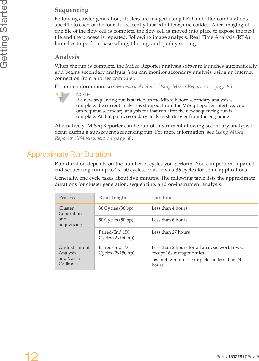 Getting Started12 Part # 15027617 Rev. ASequencingFollowing cluster generation, clusters are imaged using LED and filter combinationsspecific to each of the four fluorescently-labeled dideoxynucleotides. After imaging ofone tile of the flow cell is complete, the flow cell is moved into place to expose the nexttile and the process is repeated. Following image analysis, Real Time Analysis (RTA)launches to perform basecalling, filtering, and quality scoring.AnalysisWhen the run is complete, the MiSeq Reporter analysis software launches automaticallyand begins secondary analysis. You can monitor secondary analysis using an internetconnection from another computer.For more information, see Secondary Analysis Using MiSeq Reporter on page 66.NOTEIf a new sequencing run is started on the MiSeq before secondary analysis iscomplete, the current analysis is stopped. From the MiSeq Reporter interface, youcan requeue secondary analysis for that run after the new sequencing run iscomplete. At that point, secondary analysis starts over from the beginning.Alternatively, MiSeq Reporter can be run off-instrument allowing secondary analysis tooccur during a subsequent sequencing run. For more information, see Using MiSeqReporter Off-Instrument on page 68.Approximate Run DurationRun duration depends on the number of cycles you perform. You can perform a paired-end sequencing run up to 2x150 cycles, or as few as 36 cycles for some applications.Generally, one cycle takes about five minutes. The following table lists the approximatedurations for cluster generation, sequencing, and on-instrument analysis.Process Read Length DurationClusterGenerationandSequencing36 Cycles (36 bp) Less than 4 hours50 Cycles (50 bp) Less than 6 hoursPaired-End 150Cycles (2x150 bp)Less than 27 hoursOn-InstrumentAnalysisand VariantCallingPaired-End 150Cycles (2x150 bp)Less than 2 hours for all analysis workflows,except 16s metagenomics.16s metagenomics completes in less than 24hours.
