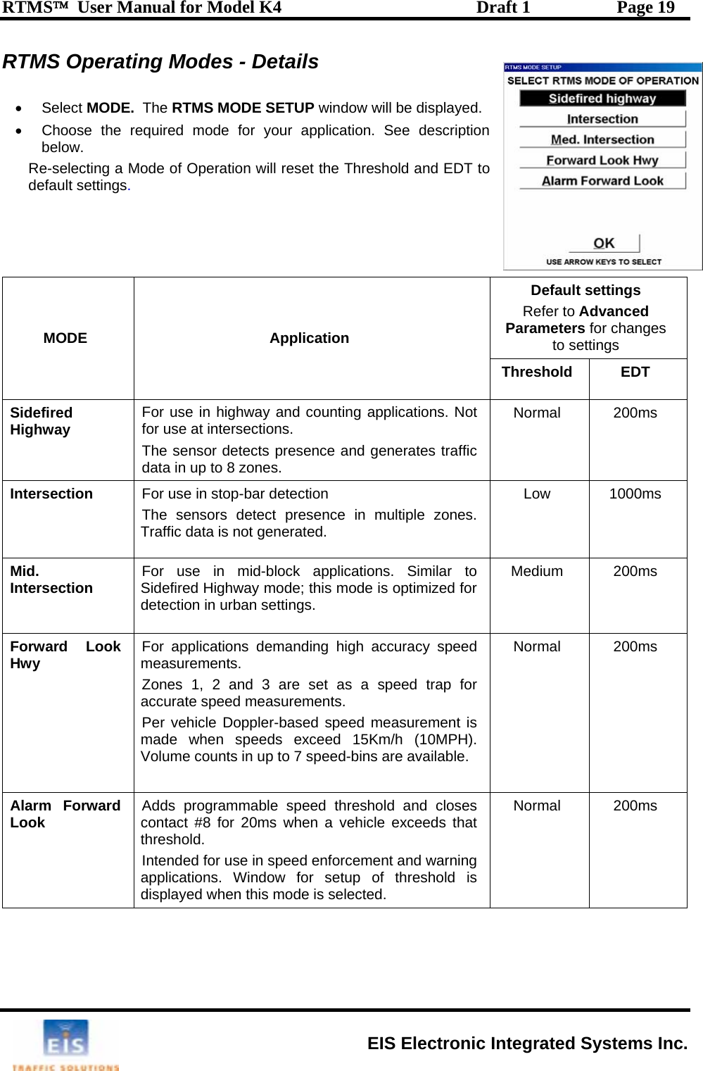 RTMS™  User Manual for Model K4  Draft 1  Page 19 RTMS Operating Modes - Details  • Select MODE.  The RTMS MODE SETUP windo•  Choose the required mode for your application. w will be displayed.  See descriptiT to deDefault settings  Refer to Advanced ges on below.  Re-selecting a Mode of Operation will reset the Threshold and EDfault settings.  Parameters for chanto settings MODE Application Threshold EDT SideHuse in highway and counting applications. Not se at intersections. The sensor detects presence and generates traffic data in up to 8 zones.  Normal 200ms  fired  For ighway  for uIntersection  For use in stop-bar detection  Low 1000ms  The sensors detect presence in multiple zoneTraffic data is not generated.  s. Mid. I r mid-block applications. Similar to for settings. Medium 200ms nte section  Sidefired Highway mode; this mode is optimized detection in urban For use in ForwHwy vehicle Doppler-based speed measurement is made when speeds exceed 15Km/h (10MPH). Volume counts in up to 7 speed-bins are available.  ard Look  For applications demanding high accuracy speed measurements.    Normal 200ms Zones 1, 2 and 3 are set as a speed trap for accurate speed measurements.  PerAlarm Forward Look  Adds programmable speed threshold and closes contact #8 for 20ms when a vehicle exceeds that threshold.  Intended for use in speed enforcement and warning applications. Window for setup of threshold is displayed when this mode is selected. Normal 200ms   EIS Electronic Integrated Systems Inc. 