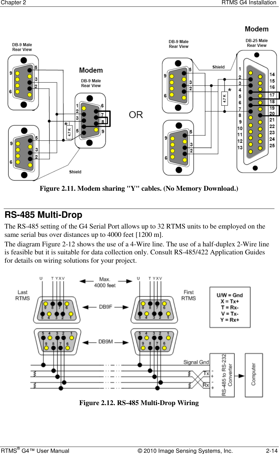 Chapter 2  RTMS G4 Installation RTMS® G4™ User Manual  © 2010 Image Sensing Systems, Inc.  2-14  Figure 2.11. Modem sharing &quot;Y&quot; cables. (No Memory Download.)  RS-485 Multi-Drop The RS-485 setting of the G4 Serial Port allows up to 32 RTMS units to be employed on the same serial bus over distances up to 4000 feet [1200 m]. The diagram Figure 2-12 shows the use of a 4-Wire line. The use of a half-duplex 2-Wire line is feasible but it is suitable for data collection only. Consult RS-485/422 Application Guides for details on wiring solutions for your project.   Figure 2.12. RS-485 Multi-Drop Wiring    