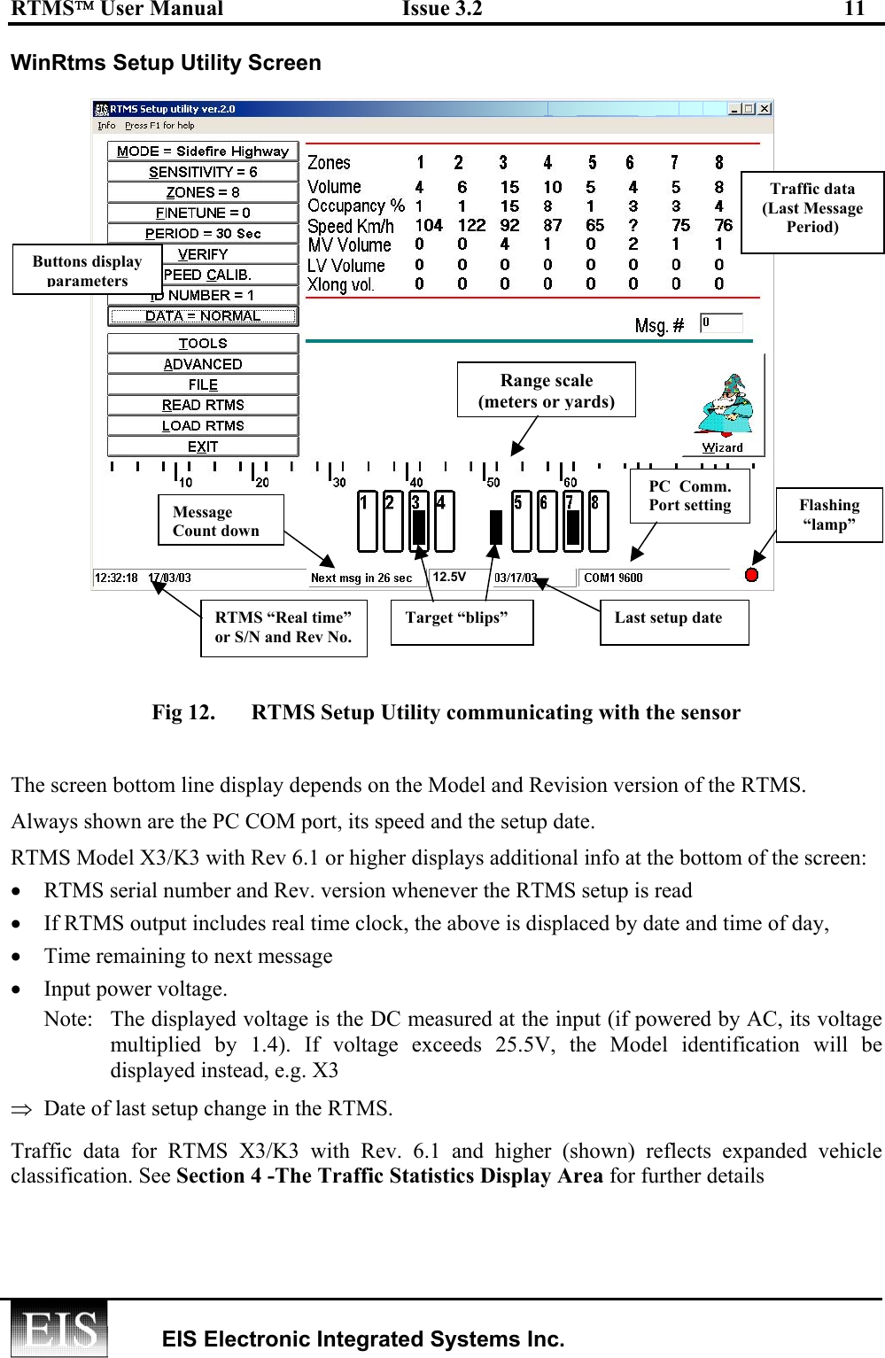 RTMS User Manual  Issue 3.2  11   EIS Electronic Integrated Systems Inc.  WinRtms Setup Utility Screen  Fig 12.  RTMS Setup Utility communicating with the sensor  The screen bottom line display depends on the Model and Revision version of the RTMS. Always shown are the PC COM port, its speed and the setup date.  RTMS Model X3/K3 with Rev 6.1 or higher displays additional info at the bottom of the screen: •  RTMS serial number and Rev. version whenever the RTMS setup is read  •  If RTMS output includes real time clock, the above is displaced by date and time of day,   •  Time remaining to next message  •  Input power voltage.  Note:  The displayed voltage is the DC measured at the input (if powered by AC, its voltage multiplied by 1.4). If voltage exceeds 25.5V, the Model identification will be displayed instead, e.g. X3 ⇒  Date of last setup change in the RTMS. Traffic data for RTMS X3/K3 with Rev. 6.1 and higher (shown) reflects expanded vehicle classification. See Section 4 -The Traffic Statistics Display Area for further details  Target “blips”Range scale (meters or yards)Flashing “lamp” PC  Comm.  Port setting Traffic data  (Last Message Period)  Buttons display parameters Last setup date RTMS “Real time” or S/N and Rev No. Message Count down 12.5V