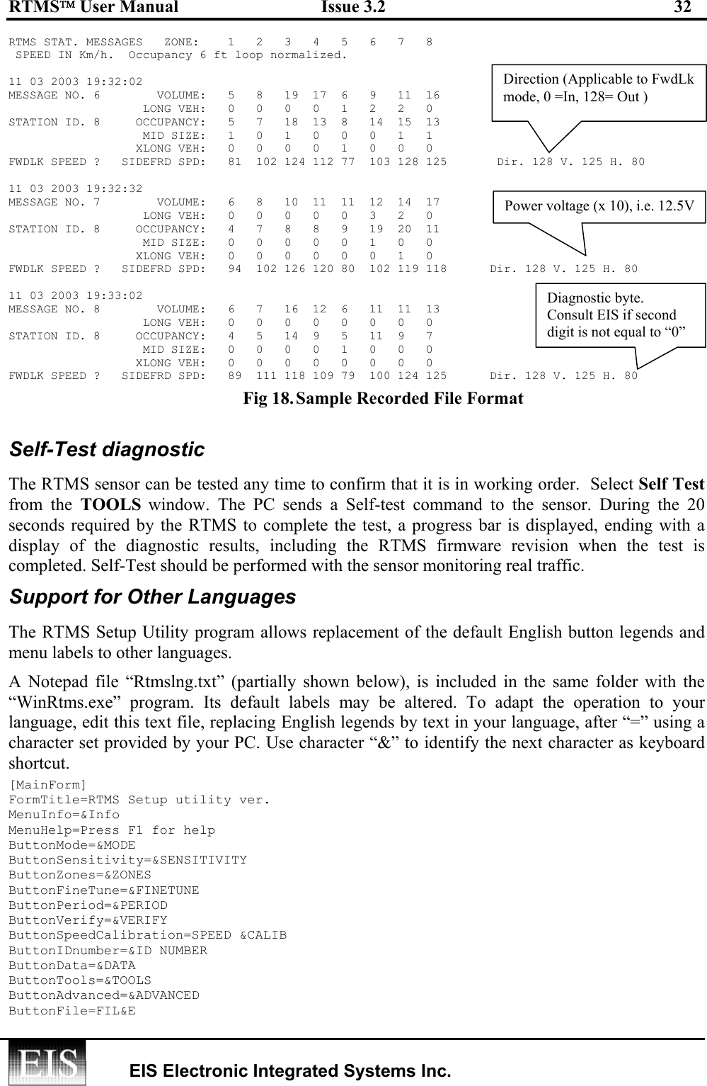 RTMS User Manual  Issue 3.2  32   EIS Electronic Integrated Systems Inc.  RTMS STAT. MESSAGES   ZONE:    1   2   3   4   5   6   7   8         SPEED IN Km/h.  Occupancy 6 ft loop normalized.  11 03 2003 19:32:02 MESSAGE NO. 6        VOLUME:   5   8   19  17  6   9   11  16                             LONG VEH:   0   0   0   0   1   2   2   0        STATION ID. 8     OCCUPANCY:   5   7   18  13  8   14  15  13                                 MID SIZE:   1   0   1   0   0   0   1   1                          XLONG VEH:   0   0   0   0   1   0   0   0         FWDLK SPEED ?   SIDEFRD SPD:   81  102 124 112 77  103 128 125       Dir. 128 V. 125 H. 80  11 03 2003 19:32:32 MESSAGE NO. 7        VOLUME:   6   8   10  11  11  12  14  17                               LONG VEH:   0   0   0   0   0   3   2   0        STATION ID. 8     OCCUPANCY:   4   7   8   8   9   19  20  11                               MID SIZE:   0   0   0   0   0   1   0   0                          XLONG VEH:   0   0   0   0   0   0   1   0         FWDLK SPEED ?   SIDEFRD SPD:   94  102 126 120 80  102 119 118      Dir. 128 V. 125 H. 80  11 03 2003 19:33:02 MESSAGE NO. 8        VOLUME:   6   7   16  12  6   11  11  13                              LONG VEH:   0   0   0   0   0   0   0   0        STATION ID. 8     OCCUPANCY:   4   5   14  9   5   11  9   7                               MID SIZE:   0   0   0   0   1   0   0   0                          XLONG VEH:   0   0   0   0   0   0   0   0         FWDLK SPEED ?   SIDEFRD SPD:   89  111 118 109 79  100 124 125      Dir. 128 V. 125 H. 80 Fig 18. Sample Recorded File Format  Self-Test diagnostic  The RTMS sensor can be tested any time to confirm that it is in working order.  Select Self Test from the TOOLS window. The PC sends a Self-test command to the sensor. During the 20 seconds required by the RTMS to complete the test, a progress bar is displayed, ending with a display of the diagnostic results, including the RTMS firmware revision when the test is completed. Self-Test should be performed with the sensor monitoring real traffic. Support for Other Languages The RTMS Setup Utility program allows replacement of the default English button legends and menu labels to other languages. A Notepad file “Rtmslng.txt” (partially shown below), is included in the same folder with the “WinRtms.exe” program. Its default labels may be altered. To adapt the operation to your language, edit this text file, replacing English legends by text in your language, after “=” using a character set provided by your PC. Use character “&amp;” to identify the next character as keyboard shortcut. [MainForm] FormTitle=RTMS Setup utility ver. MenuInfo=&amp;Info MenuHelp=Press F1 for help ButtonMode=&amp;MODE ButtonSensitivity=&amp;SENSITIVITY ButtonZones=&amp;ZONES ButtonFineTune=&amp;FINETUNE ButtonPeriod=&amp;PERIOD ButtonVerify=&amp;VERIFY ButtonSpeedCalibration=SPEED &amp;CALIB ButtonIDnumber=&amp;ID NUMBER ButtonData=&amp;DATA ButtonTools=&amp;TOOLS ButtonAdvanced=&amp;ADVANCED ButtonFile=FIL&amp;E Power voltage (x 10), i.e. 12.5VDirection (Applicable to FwdLk mode, 0 =In, 128= Out ) Diagnostic byte.   Consult EIS if second digit is not equal to “0” 