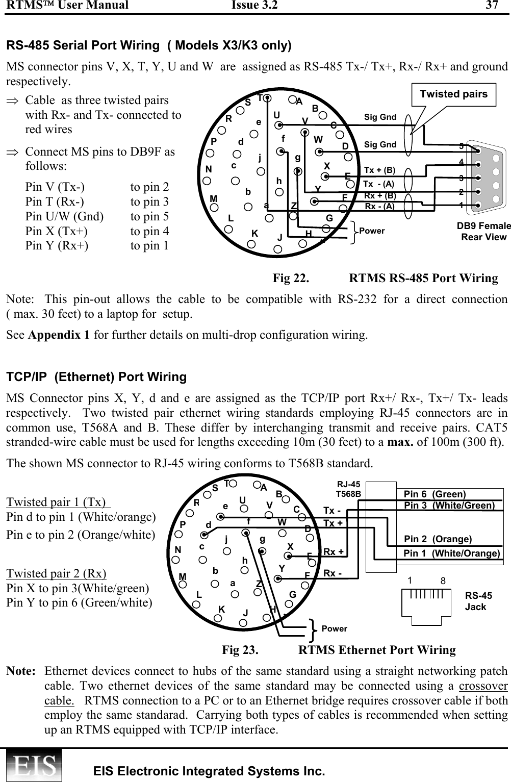 RTMS User Manual  Issue 3.2  37   EIS Electronic Integrated Systems Inc.  RS-485 Serial Port Wiring  ( Models X3/K3 only)  MS connector pins V, X, T, Y, U and W  are  assigned as RS-485 Tx-/ Tx+, Rx-/ Rx+ and ground respectively.  ⇒  Cable  as three twisted pairs with Rx- and Tx- connected to red wires   ⇒  Connect MS pins to DB9F as follows: Pin V (Tx-)  to pin 2 Pin T (Rx-)  to pin 3 Pin U/W (Gnd)   to pin 5 Pin X (Tx+)  to pin 4 Pin Y (Rx+)  to pin 1    Fig 22.    RTMS RS-485 Port Wiring Note:  This pin-out allows the cable to be compatible with RS-232 for a direct connection            ( max. 30 feet) to a laptop for  setup. See Appendix 1 for further details on multi-drop configuration wiring.   TCP/IP  (Ethernet) Port Wiring  MS Connector pins X, Y, d and e are assigned as the TCP/IP port Rx+/ Rx-, Tx+/ Tx- leads respectively.  Two twisted pair ethernet wiring standards employing RJ-45 connectors are in common use, T568A and B. These differ by interchanging transmit and receive pairs. CAT5 stranded-wire cable must be used for lengths exceeding 10m (30 feet) to a max. of 100m (300 ft).  The shown MS connector to RJ-45 wiring conforms to T568B standard.   Twisted pair 1 (Tx)   Pin d to pin 1 (White/orange)  Pin e to pin 2 (Orange/white)  Twisted pair 2 (Rx) Pin X to pin 3(White/green)  Pin Y to pin 6 (Green/white)    Fig 23.    RTMS Ethernet Port Wiring Note:   Ethernet devices connect to hubs of the same standard using a straight networking patch cable. Two ethernet devices of the same standard may be connected using a crossover cable.   RTMS connection to a PC or to an Ethernet bridge requires crossover cable if both employ the same standarad.  Carrying both types of cables is recommended when setting up an RTMS equipped with TCP/IP interface. CDEFGLM NP RSUhjHJKTVWXYZa bcd efgB A Pin 2  (Orange)      Pin 1  (White/Orange) Pin 3  (White/Green)   Pin 6  (Green)        RJ-45 T568B Tx +Tx -Rx +Rx -••••1  8 RS-45 Jack • • Power 5 1 2 3 4 DB9 Female  Rear View CDEFGLMNPRSUhj HJKTVWXYZa bcd ef gB A Sig Gnd Sig Gnd Tx + (B) Tx  - (A) Rx + (B) Rx - (A) • • • • • • • • Power • • • Twisted pairs• • 