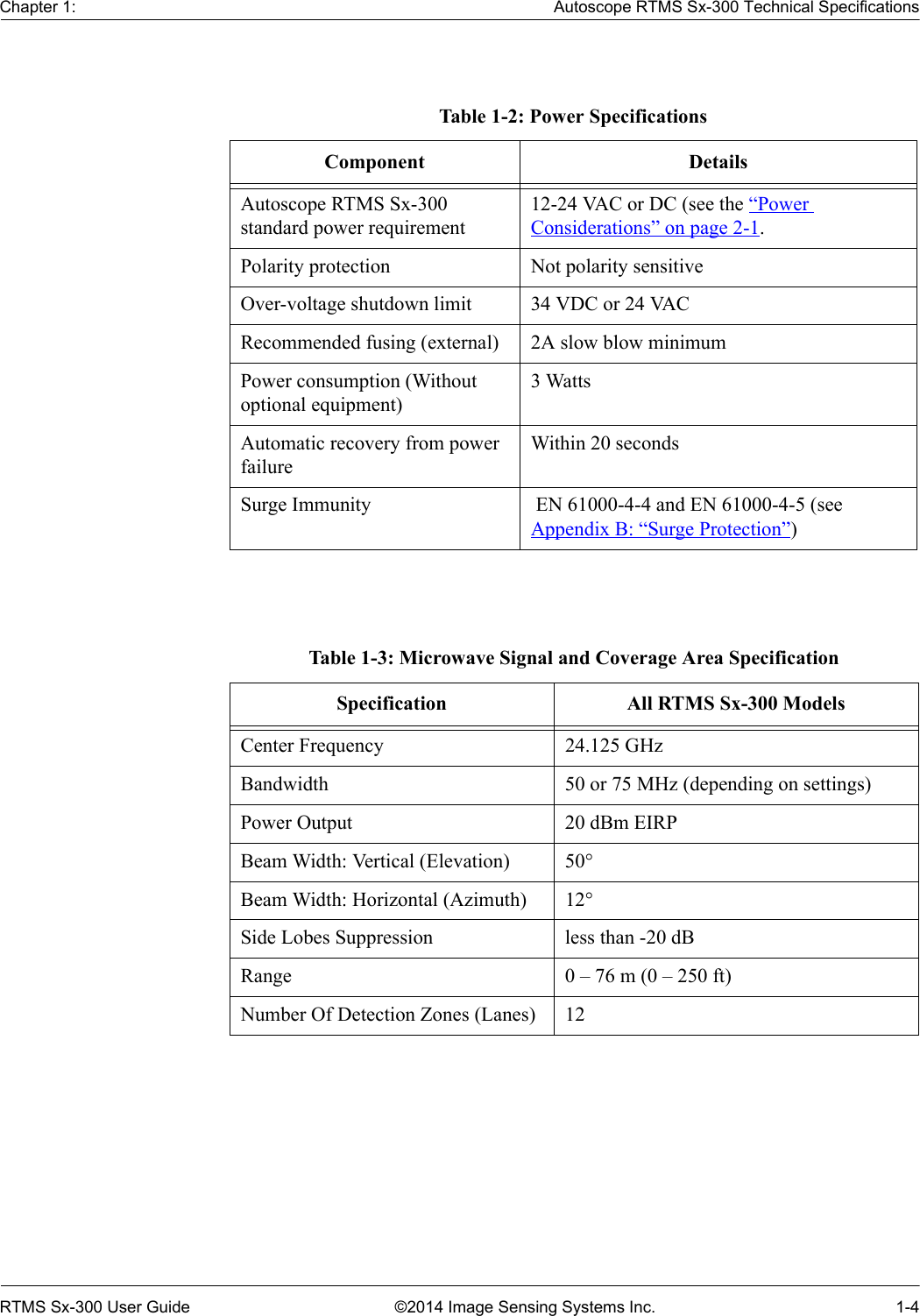 Chapter 1: Autoscope RTMS Sx-300 Technical SpecificationsRTMS Sx-300 User Guide ©2014 Image Sensing Systems Inc. 1-4Table 1-2: Power SpecificationsComponent DetailsAutoscope RTMS Sx-300 standard power requirement12-24 VAC or DC (see the “Power Considerations” on page 2-1.Polarity protection Not polarity sensitiveOver-voltage shutdown limit 34 VDC or 24 VACRecommended fusing (external) 2A slow blow minimumPower consumption (Without optional equipment)3 WattsAutomatic recovery from power failureWithin 20 secondsSurge Immunity  EN 61000-4-4 and EN 61000-4-5 (see Appendix B: “Surge Protection”)Table 1-3: Microwave Signal and Coverage Area SpecificationSpecification All RTMS Sx-300 ModelsCenter Frequency 24.125 GHzBandwidth 50 or 75 MHz (depending on settings)Power Output 20 dBm EIRPBeam Width: Vertical (Elevation) 50°Beam Width: Horizontal (Azimuth) 12°Side Lobes Suppression less than -20 dBRange 0 – 76 m (0 – 250 ft)Number Of Detection Zones (Lanes) 12