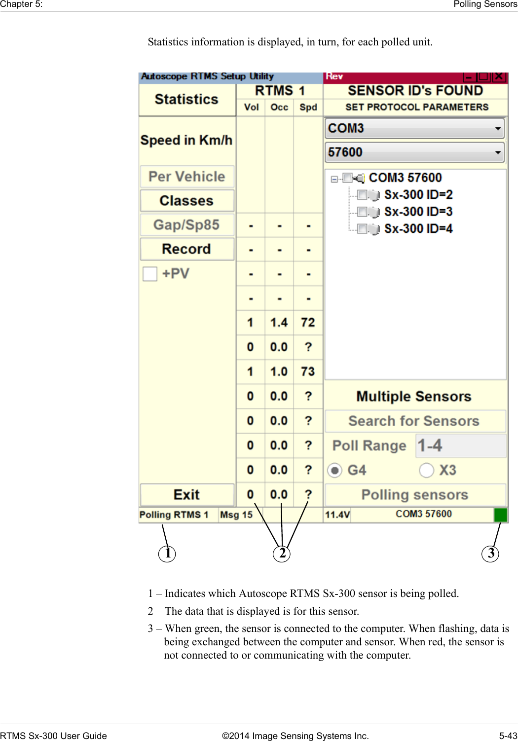 Chapter 5: Polling SensorsRTMS Sx-300 User Guide ©2014 Image Sensing Systems Inc. 5-43Statistics information is displayed, in turn, for each polled unit.1 – Indicates which Autoscope RTMS Sx-300 sensor is being polled. 2 – The data that is displayed is for this sensor.3 – When green, the sensor is connected to the computer. When flashing, data is being exchanged between the computer and sensor. When red, the sensor is not connected to or communicating with the computer.1 2 3