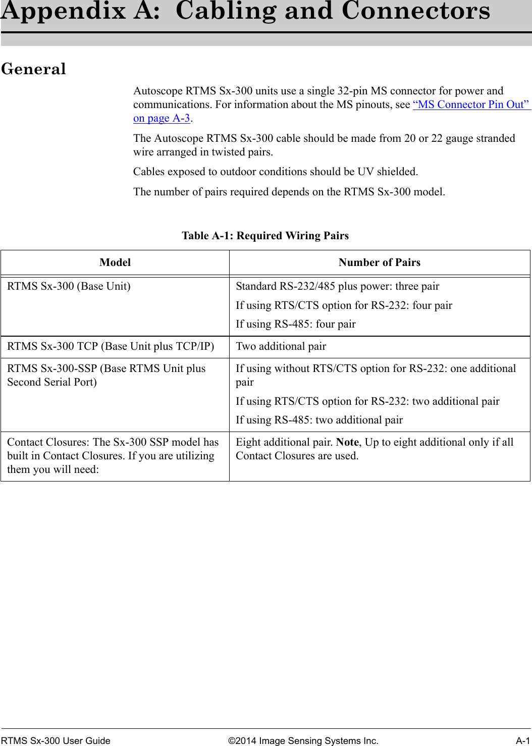 RTMS Sx-300 User Guide ©2014 Image Sensing Systems Inc. A-1Appendix A:  Cabling and ConnectorsGeneralAutoscope RTMS Sx-300 units use a single 32-pin MS connector for power and communications. For information about the MS pinouts, see “MS Connector Pin Out” on page A-3.The Autoscope RTMS Sx-300 cable should be made from 20 or 22 gauge stranded wire arranged in twisted pairs.Cables exposed to outdoor conditions should be UV shielded.The number of pairs required depends on the RTMS Sx-300 model. Table A-1: Required Wiring PairsModel Number of PairsRTMS Sx-300 (Base Unit) Standard RS-232/485 plus power: three pairIf using RTS/CTS option for RS-232: four pairIf using RS-485: four pairRTMS Sx-300 TCP (Base Unit plus TCP/IP) Two additional pairRTMS Sx-300-SSP (Base RTMS Unit plus Second Serial Port)If using without RTS/CTS option for RS-232: one additional pairIf using RTS/CTS option for RS-232: two additional pairIf using RS-485: two additional pairContact Closures: The Sx-300 SSP model has built in Contact Closures. If you are utilizing them you will need:Eight additional pair. Note, Up to eight additional only if all Contact Closures are used.