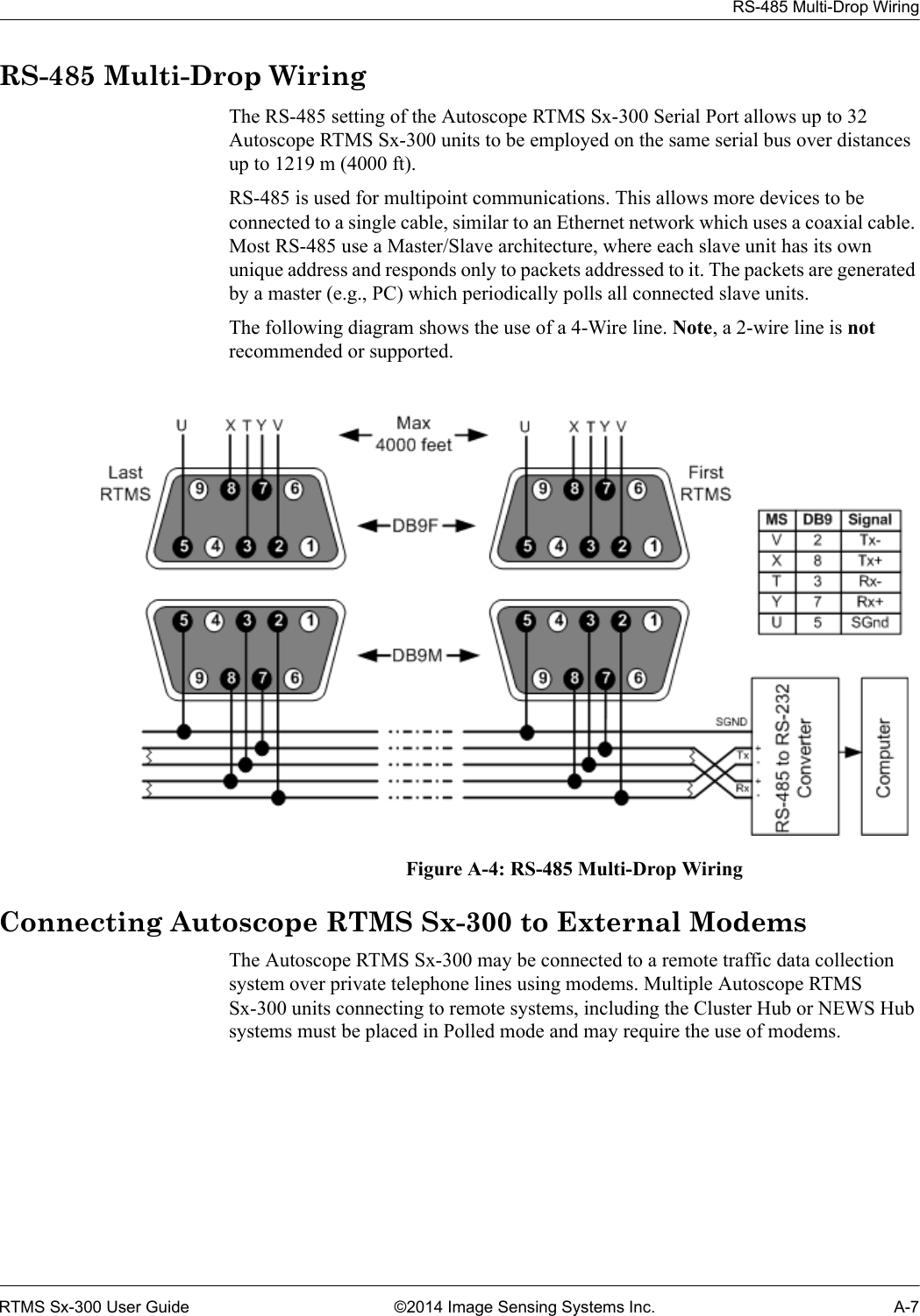 RS-485 Multi-Drop WiringRTMS Sx-300 User Guide ©2014 Image Sensing Systems Inc. A-7RS-485 Multi-Drop WiringThe RS-485 setting of the Autoscope RTMS Sx-300 Serial Port allows up to 32 Autoscope RTMS Sx-300 units to be employed on the same serial bus over distances up to 1219 m (4000 ft).RS-485 is used for multipoint communications. This allows more devices to be connected to a single cable, similar to an Ethernet network which uses a coaxial cable. Most RS-485 use a Master/Slave architecture, where each slave unit has its own unique address and responds only to packets addressed to it. The packets are generated by a master (e.g., PC) which periodically polls all connected slave units.The following diagram shows the use of a 4-Wire line. Note, a 2-wire line is not recommended or supported.Figure A-4: RS-485 Multi-Drop WiringConnecting Autoscope RTMS Sx-300 to External ModemsThe Autoscope RTMS Sx-300 may be connected to a remote traffic data collection system over private telephone lines using modems. Multiple Autoscope RTMS Sx-300 units connecting to remote systems, including the Cluster Hub or NEWS Hub systems must be placed in Polled mode and may require the use of modems.