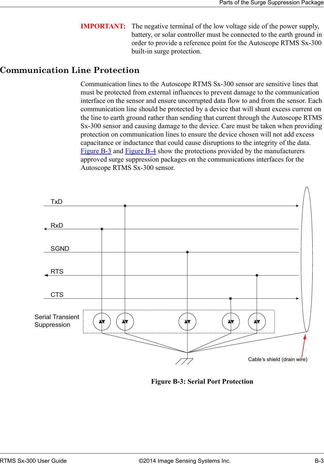 Parts of the Surge Suppression PackageRTMS Sx-300 User Guide ©2014 Image Sensing Systems Inc. B-3IMPORTANT: The negative terminal of the low voltage side of the power supply, battery, or solar controller must be connected to the earth ground in order to provide a reference point for the Autoscope RTMS Sx-300 built-in surge protection.Communication Line ProtectionCommunication lines to the Autoscope RTMS Sx-300 sensor are sensitive lines that must be protected from external influences to prevent damage to the communication interface on the sensor and ensure uncorrupted data flow to and from the sensor. Each communication line should be protected by a device that will shunt excess current on the line to earth ground rather than sending that current through the Autoscope RTMS Sx-300 sensor and causing damage to the device. Care must be taken when providing protection on communication lines to ensure the device chosen will not add excess capacitance or inductance that could cause disruptions to the integrity of the data. Figure B-3 and Figure B-4 show the protections provided by the manufacturers approved surge suppression packages on the communications interfaces for the Autoscope RTMS Sx-300 sensor.Figure B-3: Serial Port ProtectionTxDRxDSGNDRTSCTSCable’s shield (drain wire)Serial Transient Suppression