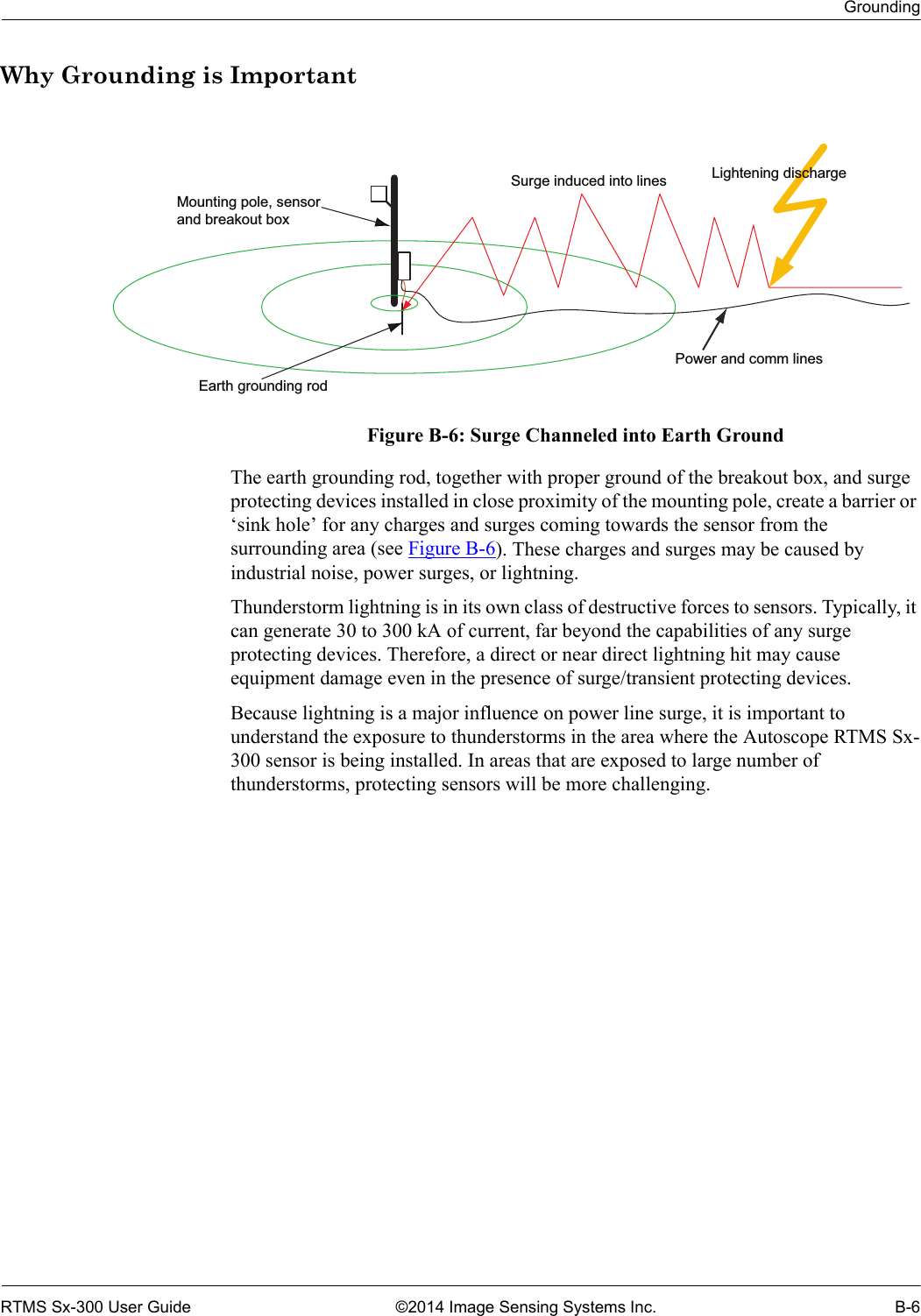 GroundingRTMS Sx-300 User Guide ©2014 Image Sensing Systems Inc. B-6Why Grounding is ImportantFigure B-6: Surge Channeled into Earth GroundThe earth grounding rod, together with proper ground of the breakout box, and surge protecting devices installed in close proximity of the mounting pole, create a barrier or ‘sink hole’ for any charges and surges coming towards the sensor from the surrounding area (see Figure B-6). These charges and surges may be caused by industrial noise, power surges, or lightning.Thunderstorm lightning is in its own class of destructive forces to sensors. Typically, it can generate 30 to 300 kA of current, far beyond the capabilities of any surge protecting devices. Therefore, a direct or near direct lightning hit may cause equipment damage even in the presence of surge/transient protecting devices.Because lightning is a major influence on power line surge, it is important to understand the exposure to thunderstorms in the area where the Autoscope RTMS Sx-300 sensor is being installed. In areas that are exposed to large number of thunderstorms, protecting sensors will be more challenging.Power and comm linesSurge induced into lines Lightening dischargeEarth grounding rodMounting pole, sensorand breakout box