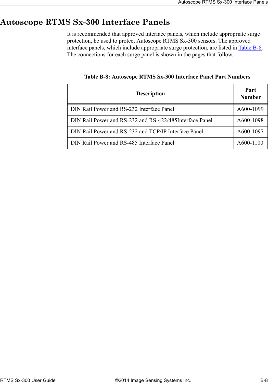 Autoscope RTMS Sx-300 Interface PanelsRTMS Sx-300 User Guide ©2014 Image Sensing Systems Inc. B-8Autoscope RTMS Sx-300 Interface PanelsIt is recommended that approved interface panels, which include appropriate surge protection, be used to protect Autoscope RTMS Sx-300 sensors. The approved interface panels, which include appropriate surge protection, are listed in Table B-8. The connections for each surge panel is shown in the pages that follow.Table B-8: Autoscope RTMS Sx-300 Interface Panel Part NumbersDescription Part NumberDIN Rail Power and RS-232 Interface Panel A600-1099DIN Rail Power and RS-232 and RS-422/485Interface Panel A600-1098DIN Rail Power and RS-232 and TCP/IP Interface Panel A600-1097DIN Rail Power and RS-485 Interface Panel A600-1100