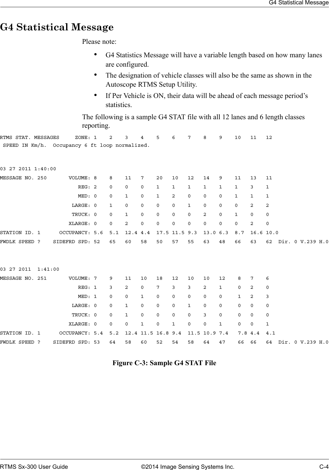 G4 Statistical MessageRTMS Sx-300 User Guide ©2014 Image Sensing Systems Inc. C-4G4 Statistical MessagePlease note:•G4 Statistics Message will have a variable length based on how many lanes are configured.•The designation of vehicle classes will also be the same as shown in the Autoscope RTMS Setup Utility.•If Per Vehicle is ON, their data will be ahead of each message period’s statistics.The following is a sample G4 STAT file with all 12 lanes and 6 length classes reporting.RTMS STAT. MESSAGES     ZONE: 1    2    3    4    5    6    7    8    9    10   11   12 SPEED IN Km/h.  Occupancy 6 ft loop normalized.03 27 2011 1:40:00MESSAGE NO. 250       VOLUME: 8    8    11   7    20   10   12   14   9    11   13   11                         REG: 2    0    0    0    1    1    1    1    1    1    3    1                         MED: 0    0    1    0    1    2    0    0    0    1    1    1                       LARGE: 0    1    0    0    0    0    1    0    0    0    2    2                       TRUCK: 0    0    1    0    0    0    0    2    0    1    0    0                      XLARGE: 0    0    2    0    0    0    0    0    0    0    2    0STATION ID. 1      OCCUPANCY: 5.6  5.1  12.4 4.4  17.5 11.5 9.3  13.0 6.3  8.7  16.6 10.0FWDLK SPEED ?    SIDEFRD SPD: 52   65   60   58   50   57   55   63   48   66   63   62  Dir. 0 V.239 H.003 27 2011  1:41:00MESSAGE NO. 251       VOLUME: 7    9    11   10   18   12   10   10   12    8   7    6                         REG: 1    3    2    0    7    3    3    2    1     0   2    0                         MED: 1    0    0    1    0    0    0    0    0     1   2    3                       LARGE: 0    0    1    0    0    0    1    0    0     0   0    0                       TRUCK: 0    0    1    0    0    0    0    3    0     0   0    0                      XLARGE: 0    0    0    1    0    1    0    0    1     0   0    1STATION ID. 1      OCCUPANCY: 5.4  5.2  12.4 11.5 16.8 9.4  11.5 10.9 7.4   7.8 4.4  4.1FWDLK SPEED ?    SIDEFRD SPD: 53   64   58   60   52   54   58   64   47    66  66   64  Dir. 0 V.239 H.0Figure C-3: Sample G4 STAT File