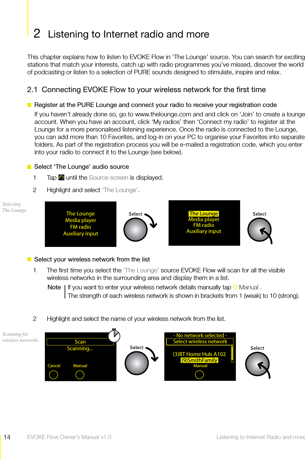 14 Listening to Internet Radio and more  EVOKE Flow Owner&rsquo;s Manual v1.02  Listening to Internet radio and moreListening to Internet Radio and moreThis chapter explains how to listen to EVOKE Flow in &lsquo;The Lounge&rsquo; source. You can search for exciting stations that match your interests, catch up with radio programmes you&rsquo;ve missed, discover the world of podcasting or listen to a selection of PURE sounds designed to stimulate, inspire and relax.2.1  Connecting EVOKE Flow to your wireless network for the ﬁrst time  Register at the PURE Lounge and connect your radio to receive your registration codeIf you haven&rsquo;t already done so, go to www.thelounge.com and and click on &lsquo;Join&rsquo; to create a lounge account. When you have an account, click &lsquo;My radios&rsquo; then &lsquo;Connect my radio&rsquo; to register at the Lounge for a more personalised listening experience. Once the radio is connected to the Lounge, you can add more than 10 Favorites, and log-in on your PC to organise your Favorites into separate folders. As part of the registration process you will be e-mailed a registration code, which you enter into your radio to connect it to the Lounge (see below).  Select &lsquo;The Lounge&rsquo; audio source1 Tap  until the Source screen is displayed.2  Highlight and select &lsquo;The Lounge&rsquo;.  Select your wireless network from the list1  The ﬁrst time you select the &lsquo;The Lounge&rsquo; source EVOKE Flow will scan for all the visible wireless networks in the surrounding area and display them in a list.Note     If you want to enter your wireless network details manually tap O Manual .  The strength of each wireless network is shown in brackets from 1 (weak) to 10 (strong).2  Highlight and select the name of your wireless network from the list. The LoungeMedia playerFM radioAuxiliary inputScanning...Scan&ndash;Top&ndash;Cancel ManualScanning for wireless networks Selecting The Lounge  The LoungeMedia playerFM radioAuxiliary input(3)BT Home Hub A102(9)SmithFamilySelect wireless network- No network selected -ManualSelecting a wireless network