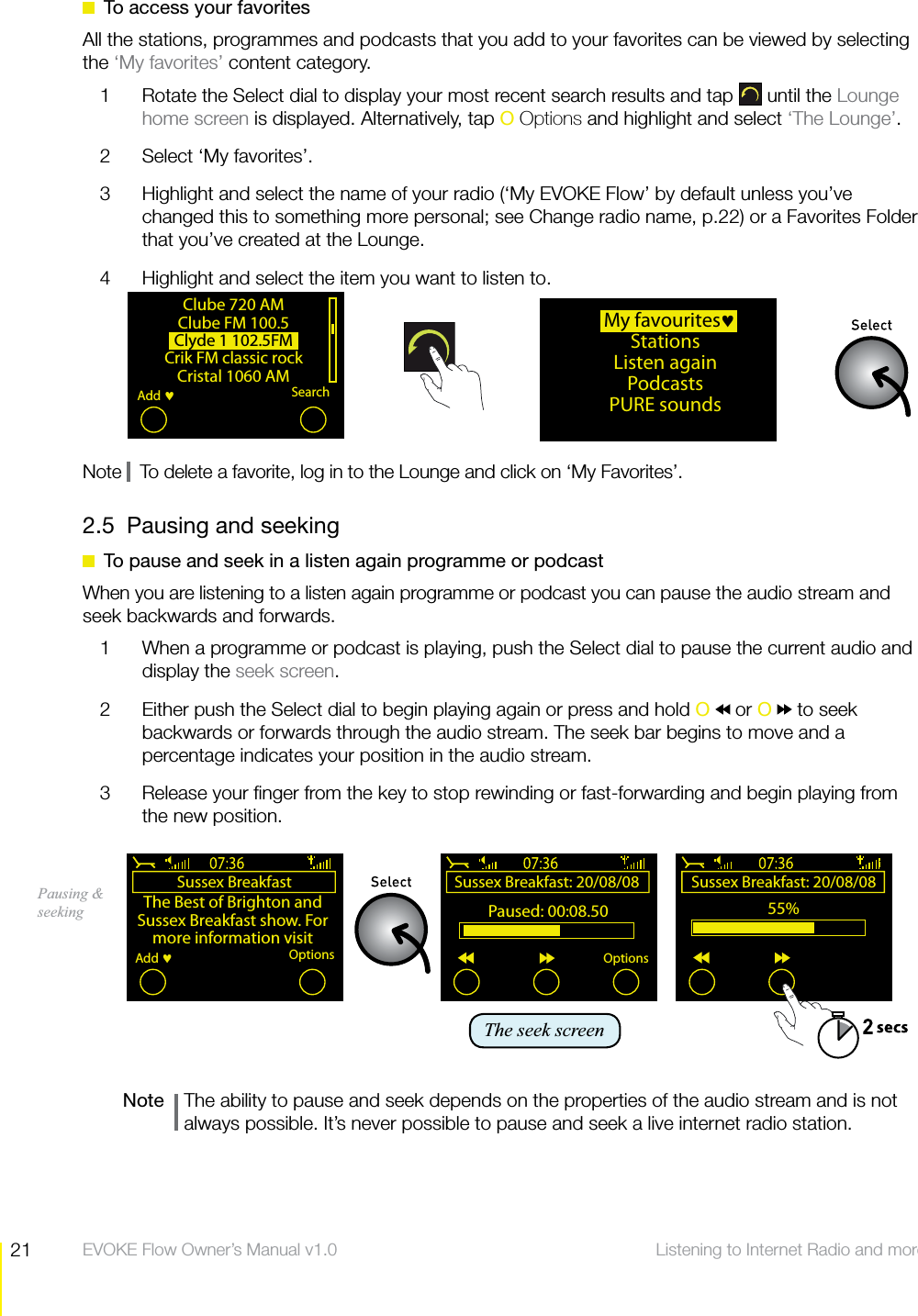 21 Listening to Internet Radio and more  EVOKE Flow Owner&rsquo;s Manual v1.0  To access your favoritesAll the stations, programmes and podcasts that you add to your favorites can be viewed by selecting the &lsquo;My favorites&rsquo; content category.1  Rotate the Select dial to display your most recent search results and tap   until the Lounge home screen is displayed. Alternatively, tap O Options and highlight and select &lsquo;The Lounge&rsquo;.2  Select &lsquo;My favorites&rsquo;.3  Highlight and select the name of your radio (&lsquo;My EVOKE Flow&rsquo; by default unless you&rsquo;ve changed this to something more personal; see Change radio name, p.22) or a Favorites Folder that you&rsquo;ve created at the Lounge.4  Highlight and select the item you want to listen to.Note    To delete a favorite, log in to the Lounge and click on &lsquo;My Favorites&rsquo;.2.5  Pausing and seeking  To pause and seek in a listen again programme or podcastWhen you are listening to a listen again programme or podcast you can pause the audio stream and seek backwards and forwards.1  When a programme or podcast is playing, push the Select dial to pause the current audio and display the seek screen.2  Either push the Select dial to begin playing again or press and hold O  or O   to seek backwards or forwards through the audio stream. The seek bar begins to move and a percentage indicates your position in the audio stream.3  Release your ﬁnger from the key to stop rewinding or fast-forwarding and begin playing from the new position.Note    The ability to pause and seek depends on the properties of the audio stream and is not always possible. It&rsquo;s never possible to pause and seek a live internet radio station.Sussex Breakfast: 20/08/08 Paused: 00:08.50OptionsThe seek screenSussex BreakfastThe Best of Brighton and Sussex Breakfast show. For more information visitOptionsAdd Clube 720 AMClube FM 100.5Clyde 1 102.5FMCrik FM classic rockCristal 1060 AMSearchAdd Sussex Breakfast: 20/08/08 55%Pausing &amp; seeking  My favouritesStationsListen againPodcasts PURE sounds