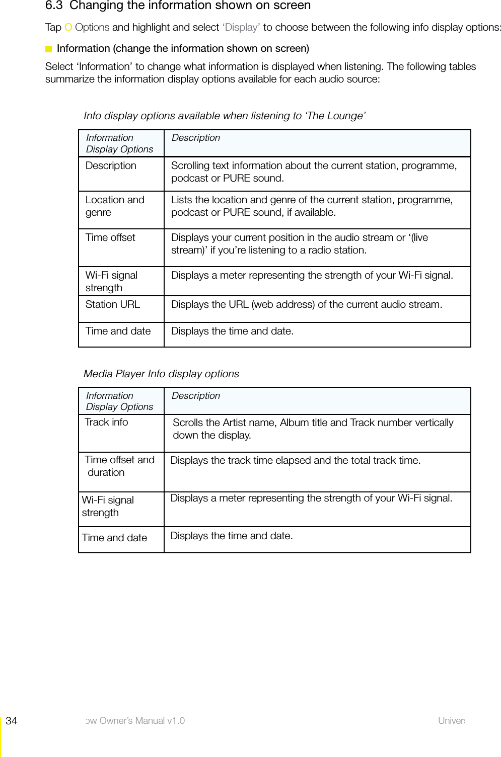 34 Universal options  EVOKE Flow Owner&rsquo;s Manual v1.06.3  Changing the information shown on screenTap O Options and highlight and select &lsquo;Display&rsquo; to choose between the following info display options:  Information (change the information shown on screen)Select &lsquo;Information&rsquo; to change what information is displayed when listening. The following tables summarize the information display options available for each audio source:     Info display options available when listening to &lsquo;The Lounge&rsquo;Information Display OptionsDescriptionDescription    Scrolling text information about the current station, programme, podcast or PURE sound.Location and genreLists the location and genre of the current station, programme, podcast or PURE sound, if available.Time offset Displays your current position in the audio stream or &lsquo;(live stream)&rsquo; if you&rsquo;re listening to a radio station.Wi-Fi signal strengthDisplays a meter representing the strength of your Wi-Fi signal.Station URL Displays the URL (web address) of the current audio stream.Time and date Displays the time and date.     Media Player Info display optionsInformation Display OptionsDescription Track info      Scrolls the Artist name, Album title and Track number vertically    down the display. Time offset and     duration Displays the track time elapsed and the total track time.Wi-Fi signal strength Displays a meter representing the strength of your Wi-Fi signal.Time and date  Displays the time and date.  