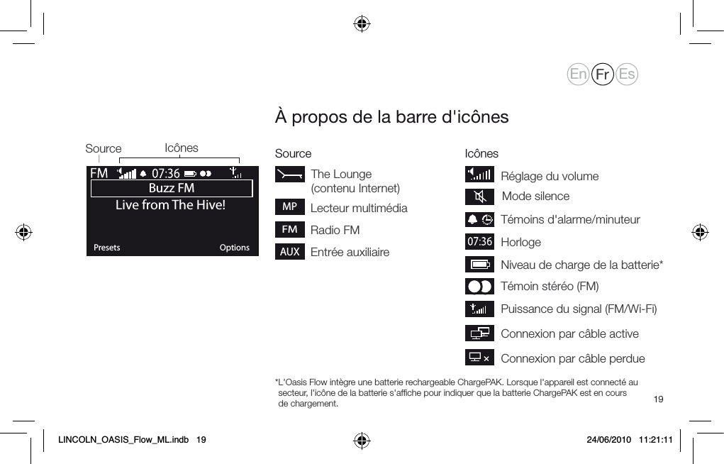 19FMPuissance du signal (FM/Wi-Fi)T&eacute;moin st&eacute;r&eacute;o (FM)Niveau de charge de la batterie*HorlogeT&eacute;moins d'alarme/minuteurR&eacute;glage du volume&Agrave; propos de la barre d'ic&ocirc;nesBuzz FMOKPresets OptionsLive from The Hive!The Lounge (contenu Internet)Radio FMLecteur multim&eacute;diaMPEntr&eacute;e auxiliaireAUXSource Ic&ocirc;nesSource Ic&ocirc;nes* L'Oasis Flow int&egrave;gre une batterie rechargeable ChargePAK. Lorsque l'appareil est connect&eacute; au secteur, l'ic&ocirc;ne de la batterie s'afﬁche pour indiquer que la batterie ChargePAK est en cours de chargement. Mode silenceConnexion par c&acirc;ble activeConnexion par c&acirc;ble perdueEn Fr EsLINCOLN_OASIS_Flow_ML.indb   19 24/06/2010   11:21:11