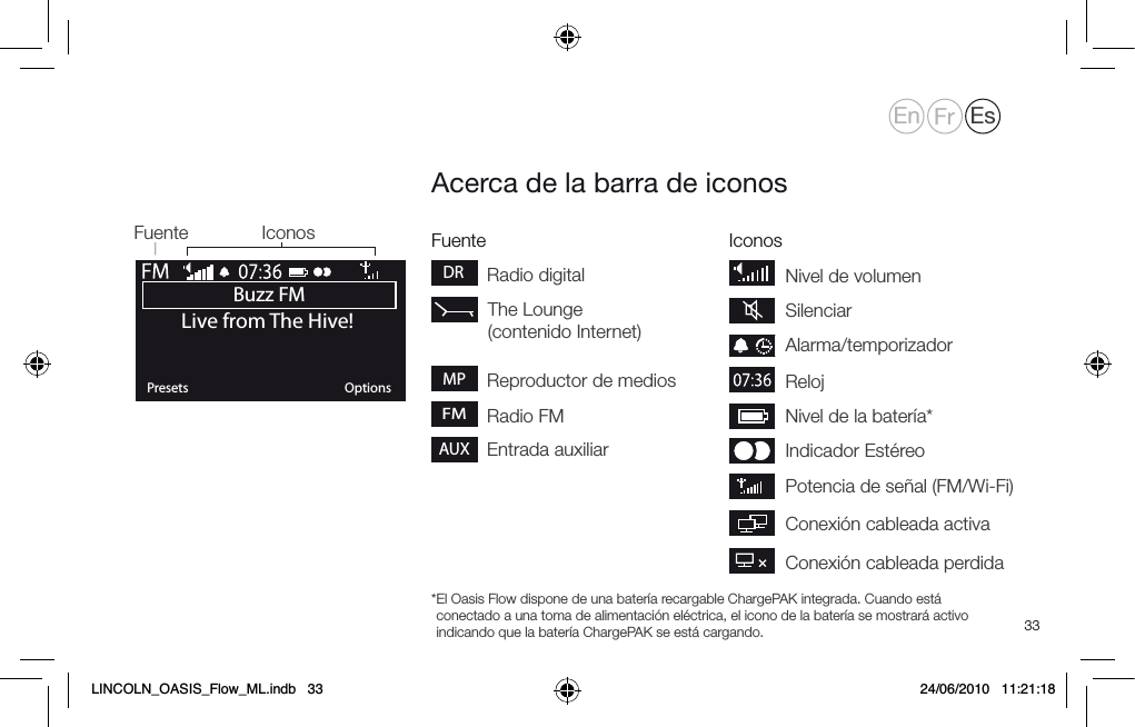 33FMPotencia de se&ntilde;al (FM/Wi-Fi)Indicador Est&eacute;reo Nivel de la bater&iacute;a*RelojAlarma/temporizadorNivel de volumenAcerca de la barra de iconosBuzz FMOKPresets OptionsLive from The Hive! The Lounge  (contenido Internet)Radio FMReproductor de mediosMPEntrada auxiliarAUXFuente IconosFuente IconosDRRadio digital* El Oasis Flow dispone de una bater&iacute;a recargable ChargePAK integrada. Cuando est&aacute; conectado a una toma de alimentaci&oacute;n el&eacute;ctrica, el icono de la bater&iacute;a se mostrar&aacute; activo indicando que la bater&iacute;a ChargePAK se est&aacute; cargando. SilenciarConexi&oacute;n cableada activaConexi&oacute;n cableada perdidaEn Fr EsLINCOLN_OASIS_Flow_ML.indb   33 24/06/2010   11:21:18