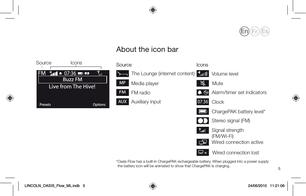 5FMSignal strength (FM/Wi-Fi)Stereo signal (FM) ChargePAK battery level*ClockAlarm/timer set indicatorsVolume levelAbout the icon barBuzz FMOKPresets OptionsLive from The Hive!The Lounge (internet content)FM radioMedia playerMPAuxiliary inputAUXSource IconsSource Icons* Oasis Flow has a built-in ChargePAK rechargeable battery. When plugged into a power supply the battery icon will be animated to show that ChargePAK is charging.MuteWired connection activeWired connection lostEn Fr EsLINCOLN_OASIS_Flow_ML.indb   5 24/06/2010   11:21:06