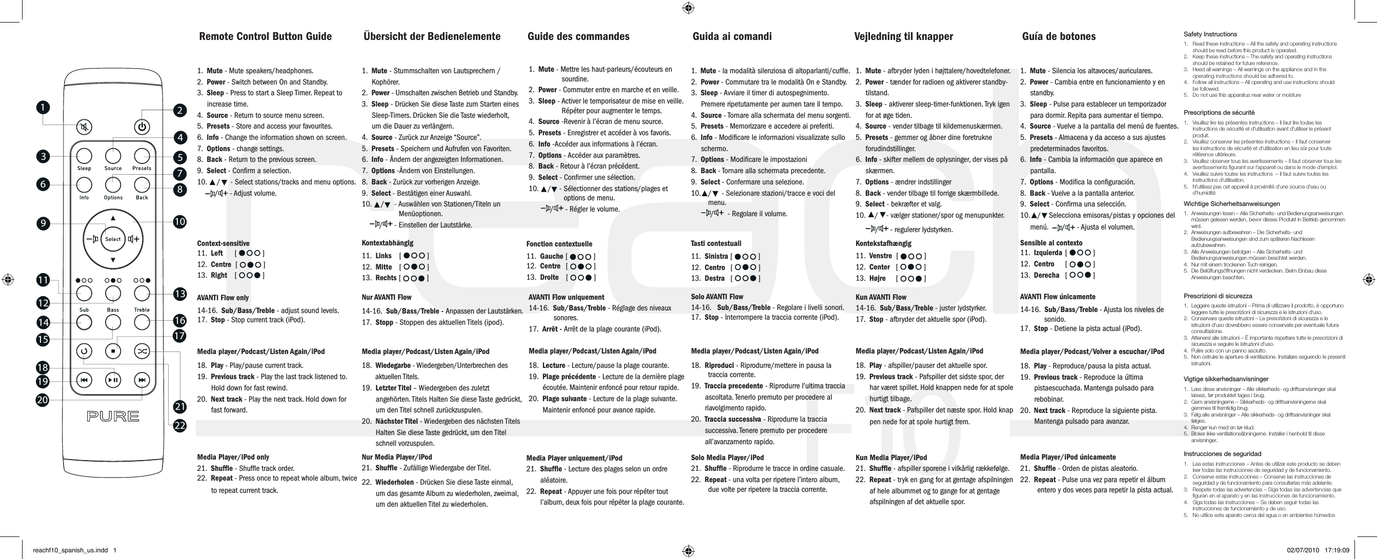 F10123456789101112 1314151617181920 2122 Remote Control Button Guide1.  Mute - Mute speakers/headphones.2.  Power - Switch between On and Standby.3.  Sleep - Press to start a Sleep Timer. Repeat to     increase time. 4.  Source - Return to source menu screen.5.  Presets - Store and access your favourites.6.  Info - Change the information shown on screen.7.  Options - change settings.8.  Back - Return to the previous screen.9.  Select - Conﬁrm a selection.10.     /     - Select stations/tracks and menu options.     /  - Adjust volume.Context-sensitive 11.  Left   [   ]12.  Centre  [   ]   13.  Right   [   ]AVANTI Flow only14-16.  Sub/Bass/Treble - adjust sound levels.17.  Stop - Stop current track (iPod).Media player/Podcast/Listen Again/iPod18.  Play - Play/pause current track.19.   Previous track - Play the last track listened to.       Hold down for fast rewind.20.  Next track - Play the next track. Hold down for       fast forward.Media Player/iPod only21.  Shufﬂe - Shufﬂe track order.22.  Repeat - Press once to repeat whole album, twice       to repeat current track. &Uuml;bersicht der Bedienelemente1.  Mute -  Stummschalten von Lautsprechern /     Koph&ouml;rer.2.  Power - Umschalten zwischen Betrieb und Standby.3.  Sleep - Dr&uuml;cken Sie diese Taste zum Starten eines     Sleep-Timers. Dr&uuml;cken Sie die Taste wiederholt,     um die Dauer zu verl&auml;ngern.4.  Source - Zur&uuml;ck zur Anzeige &ldquo;Source&rdquo;.5.  Presets - Speichern und Aufrufen von Favoriten.6.  Info - &Auml;ndern der angezeigten Informationen.7.  Options -&Auml;ndern von Einstellungen.8.  Back - Zur&uuml;ck zur vorherigen Anzeige.9.  Select - Best&auml;tigen einer Auswahl.10.   /     - Ausw&auml;hlen von Stationen/Titeln un               Men&uuml;optionen.     /  - Einstellen der Lautst&auml;rke.Kontextabh&auml;ngig11.  Links   [   ]12.  Mitte   [   ] 13.  Rechts [   ]Nur AVANTI Flow14-16.  Sub/Bass/Treble - Anpassen der Lautst&auml;rken.17.  Stopp - Stoppen des aktuellen Titels (ipod).Media player/Podcast/Listen Again/iPod18.  Wiedegarbe - Wiedergeben/Unterbrechen des       aktuellen Titels.19.   Letzter Titel &ndash; Wiedergeben des zuletzt       angeh&ouml;rten. Titels Halten Sie diese Taste gedr&uuml;ckt,       um den Titel schnell zur&uuml;ckzuspulen.20.  N&auml;chster Titel - Wiedergeben des n&auml;chsten Titels       Halten Sie diese Taste gedr&uuml;ckt, um den Titel       schnell vorzuspulen.Nur Media Player/iPod21.  Shufﬂe - Zuf&auml;llige Wiedergabe der Titel.22.  Wiederholen - Dr&uuml;cken Sie diese Taste einmal,        um das gesamte Album zu wiederholen, zweimal,       um den aktuellen Titel zu wiederholen.Guide des commandes1.  Mute - Mettre les haut-parleurs/&eacute;couteurs en                       sourdine.2.  Power - Commuter entre en marche et en veille.3.  Sleep - Activer le temporisateur de mise en veille.           R&eacute;p&eacute;ter pour augmenter le temps.4.  Source -Revenir &agrave; l&rsquo;&eacute;cran de menu source.5.  Presets - Enregistrer et acc&eacute;der &agrave; vos favoris.6.  Info -Acc&eacute;der aux informations &agrave; l&rsquo;&eacute;cran.7.  Options - Acc&eacute;der aux param&egrave;tres.8.  Back - Retour &agrave; l&rsquo;&eacute;cran pr&eacute;c&eacute;dent.9.  Select - Conﬁrmer une s&eacute;lection.10.   /    -  S&eacute;lectionner des stations/plages et         options de menu.       /  - R&eacute;gler le volume.Fonction contextuelle11.  Gauche [   ]12.  Centre   [   ]   13.  Droite   [   ]AVANTI Flow uniquement14-16.  Sub/Bass/Treble - R&eacute;glage des niveaux             sonores.17.  Arr&ecirc;t - Arr&ecirc;t de la plage courante (iPod).Media player/Podcast/Listen Again/iPod18.  Lecture - Lecture/pause la plage courante.19.  Plage pr&eacute;c&eacute;dente - Lecture de la derni&egrave;re plage       &eacute;cout&eacute;e. Maintenir enfonc&eacute; pour retour rapide.20.  Plage suivante - Lecture de la plage suivante.       Maintenir enfonc&eacute; pour avance rapide.Media Player uniquement/iPod21.  Shufﬂe - Lecture des plages selon un ordre       al&eacute;atoire.22.  Repeat - Appuyer une fois pour r&eacute;p&eacute;ter tout        l&rsquo;album, deux fois pour r&eacute;p&eacute;ter la plage courante. Guida ai comandi1.  Mute - la modalit&agrave; silenziosa di altoparlanti/cufﬁe.2.  Power - Commutare tra le modalit&agrave; On e Standby.3.  Sleep - Avviare il timer di autospegnimento.       Premere ripetutamente per aumen tare il tempo.4.  Source - Tornare alla schermata del menu sorgenti.5.  Presets - Memorizzare e accedere ai preferiti.6.  Info - Modiﬁcare le informazioni visualizzate sullo     schermo.7.  Options - Modiﬁcare le impostazioni8.  Back - Tornare alla schermata precedente.9.  Select - Confermare una selezione.10.  /     - Selezionare stazioni/tracce e voci del menu.      /   - Regolare il volume.Tasti contestuali11.  Sinistra [   ]12.  Centro   [   ]   13.  Destra   [   ]Solo AVANTI Flow14-16.   Sub/Bass/Treble - Regolare i livelli sonori.17.  Stop - Interrompere la traccia corrente (iPod).Media player/Podcast/Listen Again/iPod18.  Riproduci - Riprodurre/mettere in pausa la traccia corrente.19.  Traccia precedente - Riprodurre l&rsquo;ultima traccia       ascoltata. Tenerlo premuto per procedere al       riavolgimento rapido.20.  Traccia successiva - Riprodurre la traccia       successiva. Tenere premuto per procedere       all&rsquo;avanzamento rapido.Solo Media Player/iPod21.  Shufﬂe - Riprodurre le tracce in ordine casuale.22.  Repeat - una volta per ripetere l&rsquo;intero album, due volte per ripetere la traccia corrente.Vejledning til knapper1.  Mute - afbryder lyden i h&oslash;jttalere/hovedtelefoner.2.  Power - t&aelig;nder for radioen og aktiverer standby-     tilstand.3.  Sleep - aktiverer sleep-timer-funktionen. Tryk igen      for at &oslash;ge tiden.4.  Source - vender tilbage til kildemenusk&aelig;rmen.5.  Presets - gemmer og &aring;bner dine foretrukne     forudindstillinger.6.  Info - skifter mellem de oplysninger, der vises p&aring;      sk&aelig;rmen.7.  Options - &aelig;ndrer indstillinger8.  Back - vender tilbage til forrige sk&aelig;rmbillede.9.  Select - bekr&aelig;fter et valg.10.   /    - v&aelig;lger stationer/spor og menupunkter.      /  - regulerer lydstyrken.     Kontekstafh&aelig;ngig11.  Venstre  [   ]12.  Center   [   ]   13.  H&oslash;jre     [   ]Kun AVANTI Flow 14-16.  Sub/Bass/Treble - juster lydstyrker.17.  Stop - afbryder det aktuelle spor (iPod).Media player/Podcast/Listen Again/iPod18.  Play - afspiller/pauser det aktuelle spor.19.  Previous track - Pafspiller det sidste spor, der        har v&aelig;ret spillet. Hold knappen nede for at spole        hurtigt tilbage.20.  Next track - Pafspiller det n&aelig;ste spor. Hold knap       pen nede for at spole hurtigt frem.Kun Media Player/iPod21.  Shufﬂe - afspiller sporene i vilk&aring;rlig r&aelig;kkef&oslash;lge.22.  Repeat - tryk en gang for at gentage afspilningen        af hele albummet og to gange for at gentage        afspilningen af det aktuelle spor. Gu&iacute;a de botones1.  Mute - Silencia los altavoces/auriculares.2.  Power - Cambia entre en funcionamiento y en      standby.3.  Sleep - Pulse para establecer un temporizador      para dormir. Repita para aumentar el tiempo. 4.  Source - Vuelve a la pantalla del men&uacute; de fuentes.5.  Presets - Almacena y da acceso a sus ajustes     predeterminados favoritos.6.  Info - Cambia la informaci&oacute;n que aparece en      pantalla.7.  Options - Modiﬁca la conﬁguraci&oacute;n.8.  Back - Vuelve a la pantalla anterior.9.  Select - Conﬁrma una selecci&oacute;n.10.   /    Selecciona emisoras/pistas y opciones del      men&uacute;.   /  - Ajusta el volumen.Sensible al contexto 11.  Izquierda  [   ]12.  Centro  [   ]  13.  Derecha  [   ]AVANTI Flow &uacute;nicamente14-16.  Sub/Bass/Treble - Ajusta los niveles de                  sonido.17.  Stop - Detiene la pista actual (iPod).Safety Instructions1.    Read these instructions &ndash; All the safety and operating instructions should be read before this product is operated.2.      Keep these instructions &ndash; The safety and operating instructions should be retained for future reference.3.      Heed all warnings &ndash; All warnings on the appliance and in the operating instructions should be adhered to.4.     Follow all instructions &ndash; All operating and use instructions should be followed.5.    Do not use this apparatus near water or moisturePrescriptions de s&eacute;curit&eacute;1.    Veuillez lire les pr&eacute;sentes instructions &ndash; Il faut lire toutes les instructions de s&eacute;curit&eacute; et d'utilisation avant d'utiliser le pr&eacute;sent produit.2.      Veuillez conserver les pr&eacute;sentes instructions &ndash; Il faut conserver les instructions de s&eacute;curit&eacute; et d'utilisation en lieu s&ucirc;r pour toute r&eacute;f&eacute;rence ult&eacute;rieure.3.      Veuillez observer tous les avertissements &ndash; Il faut observer tous les avertissements ﬁgurant sur l'appareil ou dans le mode d'emploi.4.     Veuillez suivre toutes les instructions  &ndash; Il faut suivre toutes les instructions d'utilisation.5.     N'utilisez pas cet appareil &agrave; proximit&eacute; d'une source d'eau ou d'humidit&eacute;Wichtige Sicherheitsanweisungen1.   Anweisungen lesen &ndash; Alle Sicherheits- und Bedienungsanweisungen m&uuml;ssen gelesen werden, bevor dieses Produkt in Betrieb genommen wird.2.   Anweisungen aufbewahren &ndash; Die Sicherheits- und Bedienungsanweisungen sind zum sp&auml;teren Nachlesen aufzubewahren.3.   Alle Anweisungen befolgen &ndash; Alle Sicherheits- und Bedienungsanweisungen m&uuml;ssen beachtet werden.4.  Nur mit einem trockenen Tuch reinigen.5.   Die Bel&uuml;ftungs&ouml;ffnungen nicht verdecken. Beim Einbau diese Anweisungen beachten.Prescrizioni di sicurezza1.   Leggere queste istruzioni &ndash; Prima di utilizzare il prodotto, &egrave; opportuno leggere tutte le prescrizioni di sicurezza e le istruzioni d'uso.2.   Conservare queste istruzioni &ndash; Le prescrizioni di sicurezza e le istruzioni d'uso dovrebbero essere conservate per eventuale futura consultazione.3.   Attenersi alle istruzioni &ndash; &Egrave; importante rispettare tutte le prescrizioni di sicurezza e seguire le istruzioni d'uso.4.  Pulire solo con un panno asciutto.5.   Non ostruire le aperture di ventilazione. Installare seguendo le presenti istruzioni.Vigtige sikkerhedsanvisninger1.   L&aelig;s disse anvisninger &ndash; Alle sikkerheds- og driftsanvisninger skal l&aelig;ses, f&oslash;r produktet tages i brug.2.   Gem anvisningerne &ndash; Sikkerheds- og driftsanvisningerne skal gemmes til fremtidig brug.3.   F&oslash;lg alle anvisninger &ndash; Alle sikkerheds- og driftsanvisninger skal f&oslash;lges.4.  Reng&oslash;r kun med en t&oslash;r klud.5.   Bloker ikke ventilations&aring;bningerne. Installer i henhold til disse anvisninger.Instrucciones de seguridad1.    Lea estas instrucciones &ndash; Antes de utilizar este producto se deben leer todas las instrucciones de seguridad y de funcionamiento.2.      Conserve estas instrucciones &ndash; Conserve las instrucciones de seguridad y de funcionamiento para consultarlas m&aacute;s adelante.3.      Respete todas las advertencias &ndash; Siga todas las advertencias que ﬁguran en el aparato y en las instrucciones de funcionamiento.4.     Siga todas las instrucciones &ndash; Se deben seguir todas las instrucciones de funcionamiento y de uso.5.    No utilice este aparato cerca del agua o en ambientes h&uacute;medosMedia player/Podcast/Volver a escuchar/iPod18.  Play - Reproduce/pausa la pista actual.19.  Previous track - Reproduce la &uacute;ltima       pistaescuchada. Mantenga pulsado para       rebobinar.20.  Next track - Reproduce la siguiente pista.        Mantenga pulsado para avanzar.Media Player/iPod &uacute;nicamente21.  Shufﬂe - Orden de pistas aleatorio.22.  Repeat - Pulse una vez para repetir el &aacute;lbum entero y dos veces para repetir la pista actual.reachf10_spanish_us.indd   1 02/07/2010   17:19:09