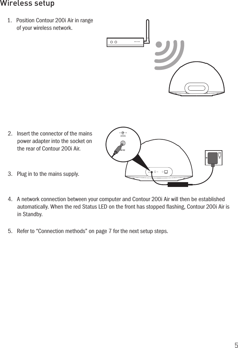 51.   Position Contour 200i Air in range of your wireless network.2.   Insert the connector of the mains power adapter into the socket on the rear of Contour 200i Air. 3.   Plug in to the mains supply.4.   A network connection between your computer and Contour 200i Air will then be established automatically. When the red Status LED on the front has stopped flashing, Contour 200i Air is in Standby. 5.   Refer to &ldquo;Connection methods&rdquo; on page 7 for the next setup steps.Wireless setup18V DC